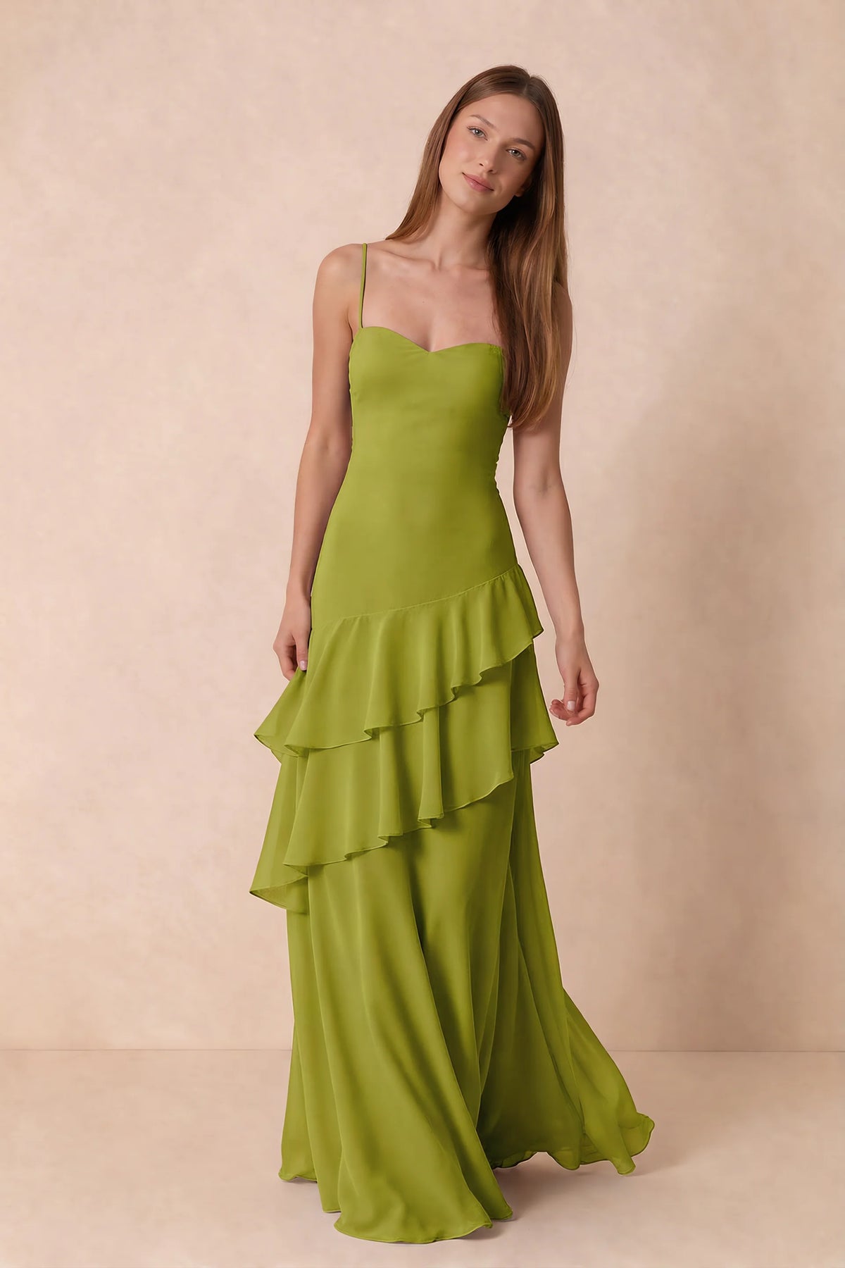 Rosalie Lemon Green Chiffon Tiered Ruffle Sweetheart Maxi Dress