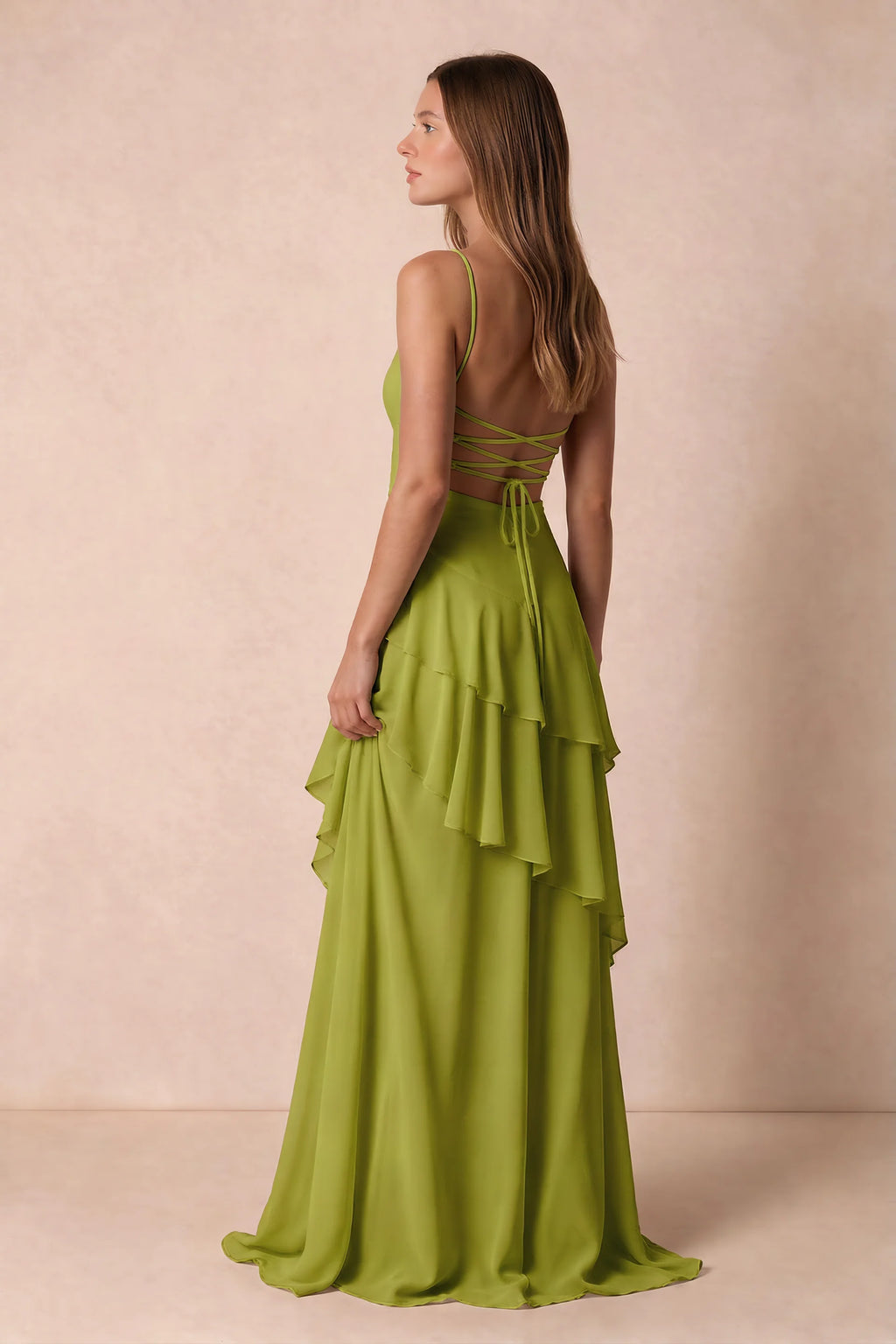 Rosalie Lemon Green Chiffon Tiered Ruffle Sweetheart Maxi Dress