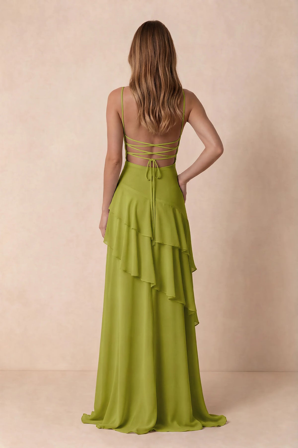 Rosalie Lemon Green Chiffon Tiered Ruffle Sweetheart Maxi Dress
