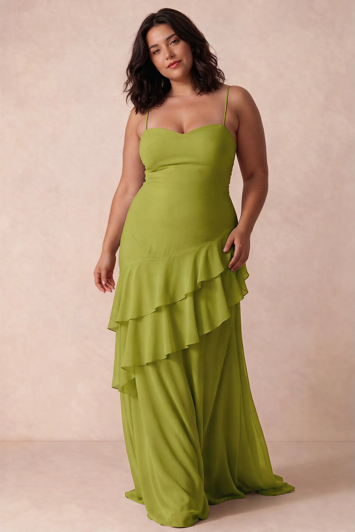 Rosalie Lemon Green Chiffon Tiered Ruffle Sweetheart Maxi Dress