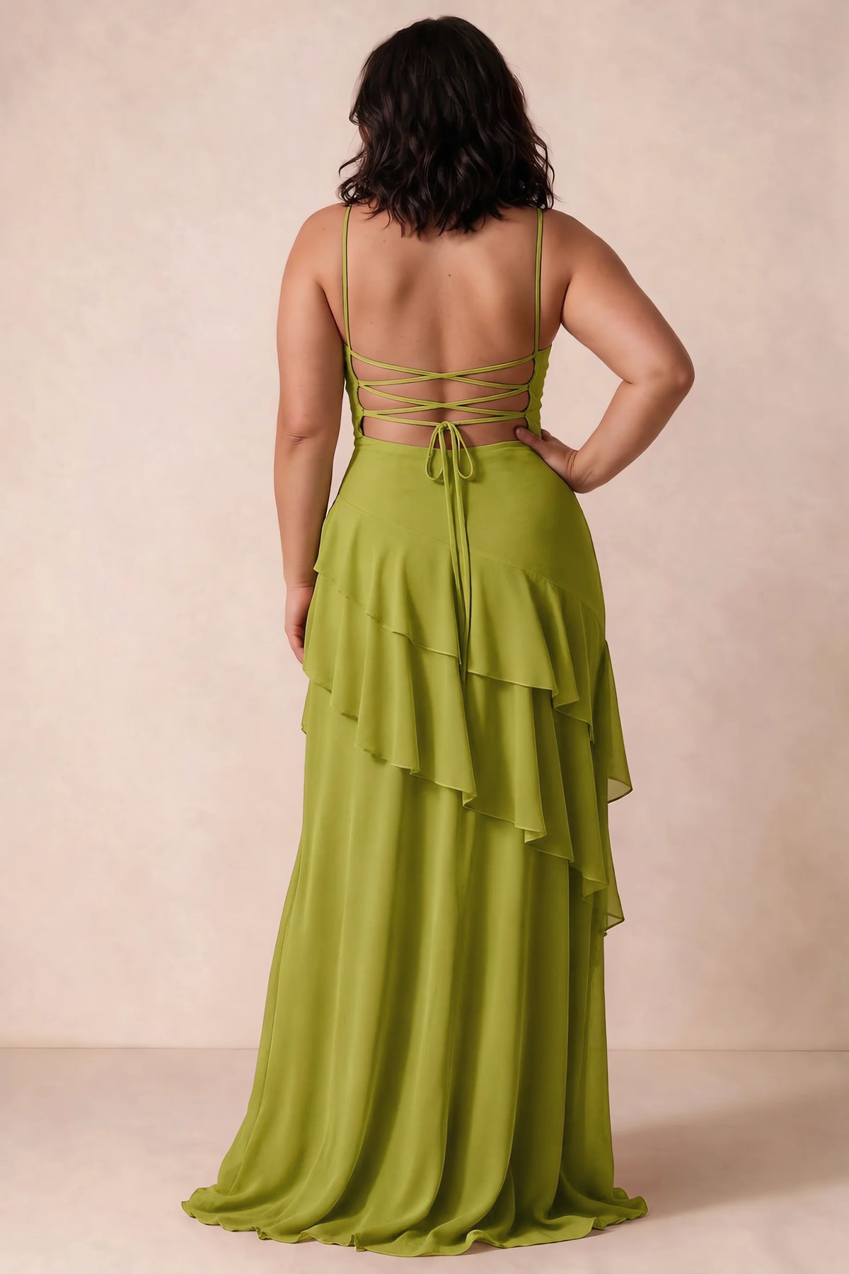 Rosalie Lemon Green Chiffon Tiered Ruffle Sweetheart Maxi Dress