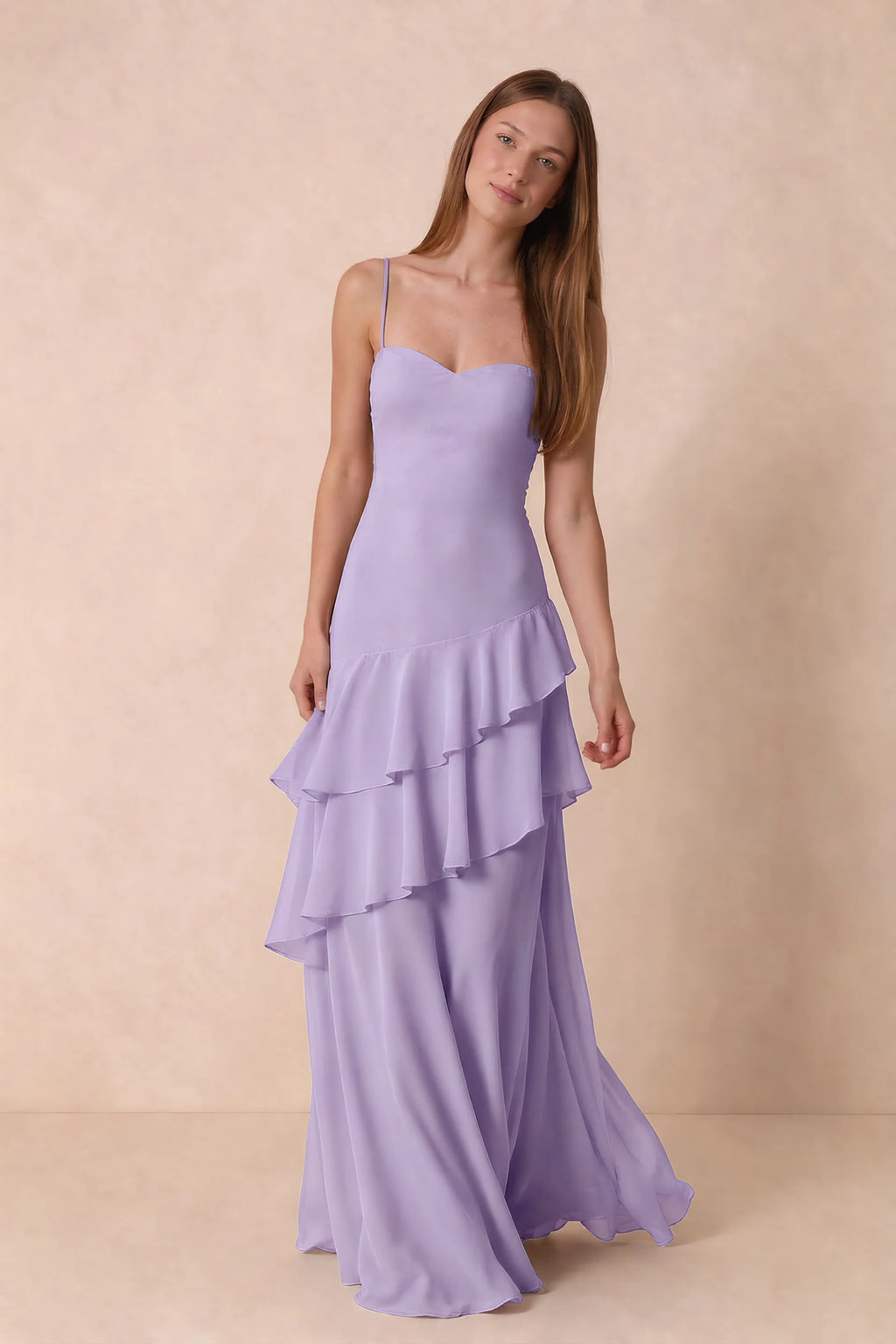 Rosalie Lilac Chiffon Tiered Ruffle Sweetheart Maxi Dress
