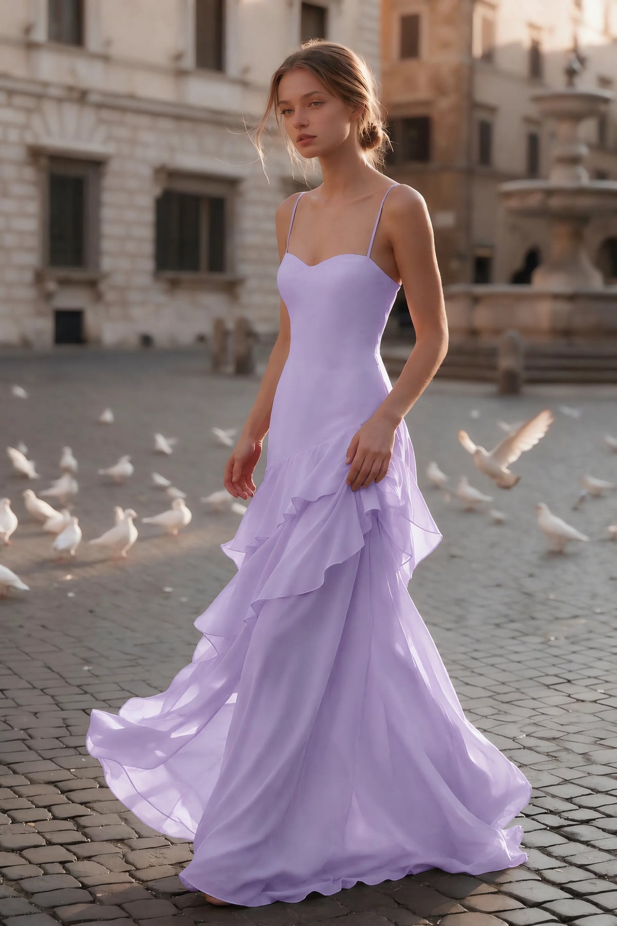 Rosalie Lilac Chiffon Tiered Ruffle Sweetheart Maxi Dress