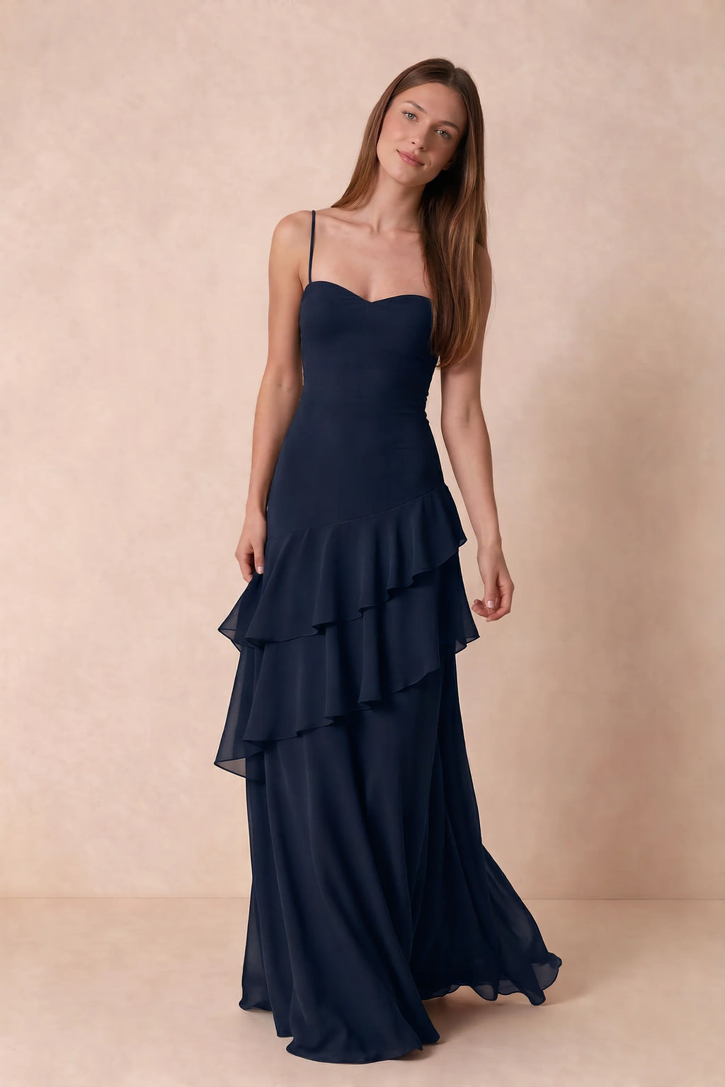 Rosalie Navy Chiffon Tiered Ruffle Sweetheart Maxi Dress