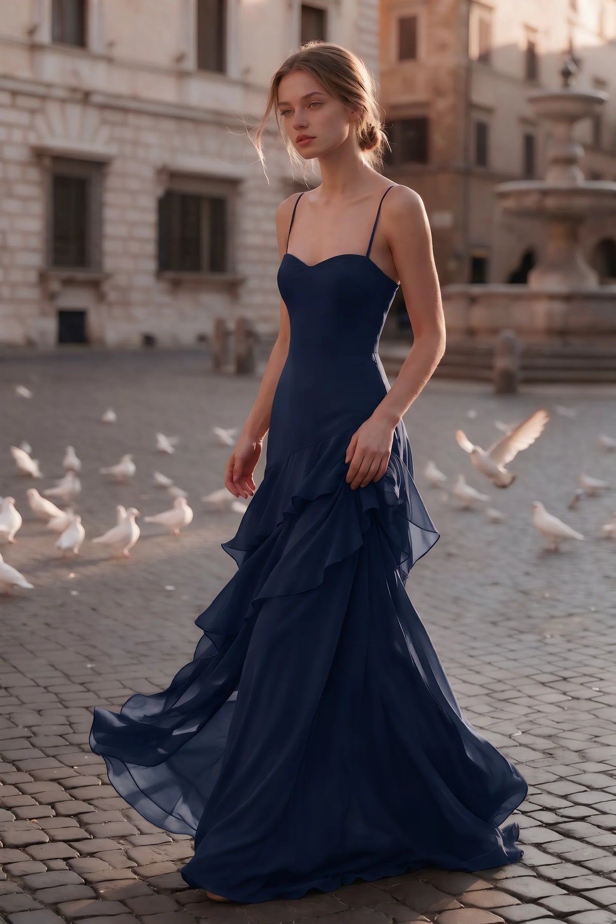 Rosalie Navy Chiffon Tiered Ruffle Sweetheart Maxi Dress