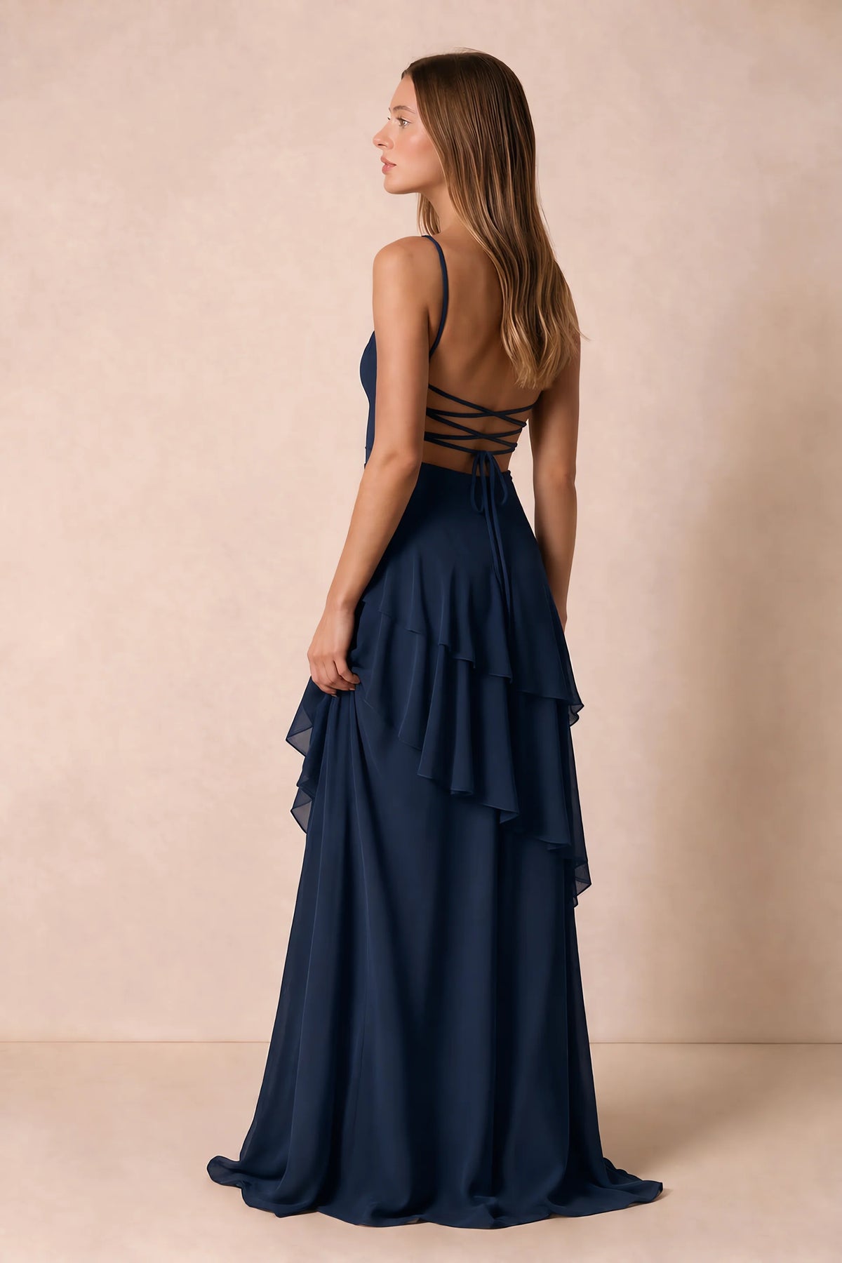 Rosalie Navy Chiffon Tiered Ruffle Sweetheart Maxi Dress