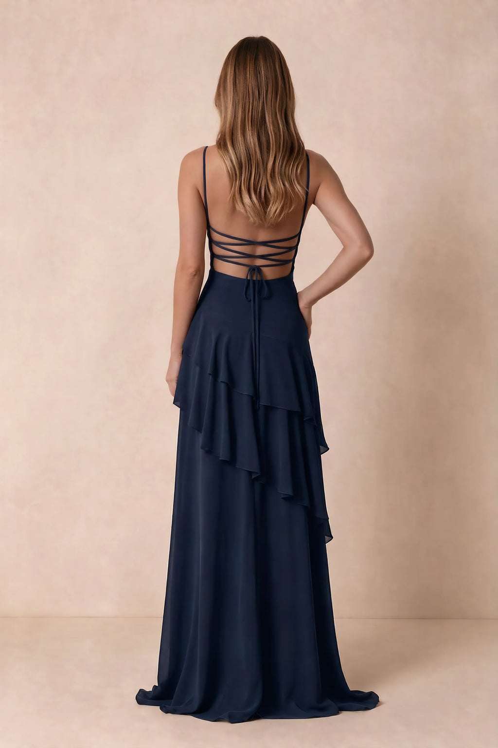 Rosalie Navy Chiffon Tiered Ruffle Sweetheart Maxi Dress