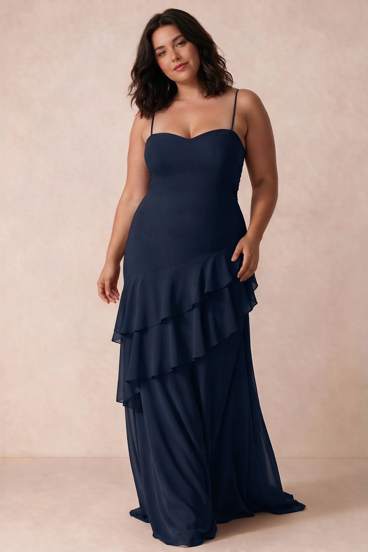 Rosalie Navy Chiffon Tiered Ruffle Sweetheart Maxi Dress