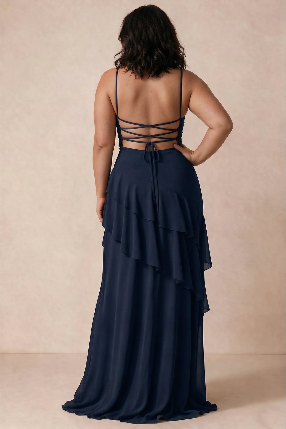 Rosalie Navy Chiffon Tiered Ruffle Sweetheart Maxi Dress
