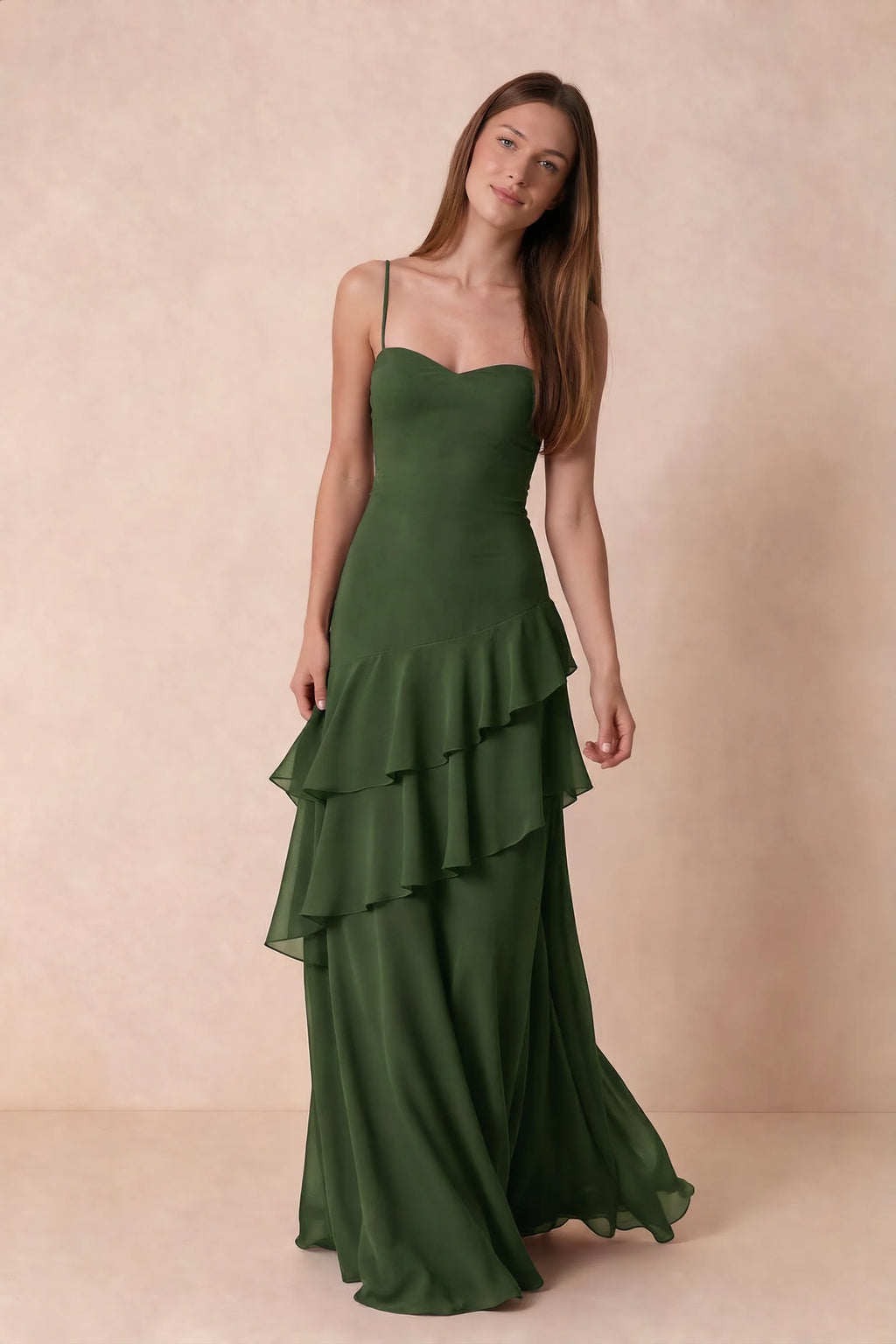 Rosalie Olive Green Chiffon Tiered Ruffle Sweetheart Maxi Dress
