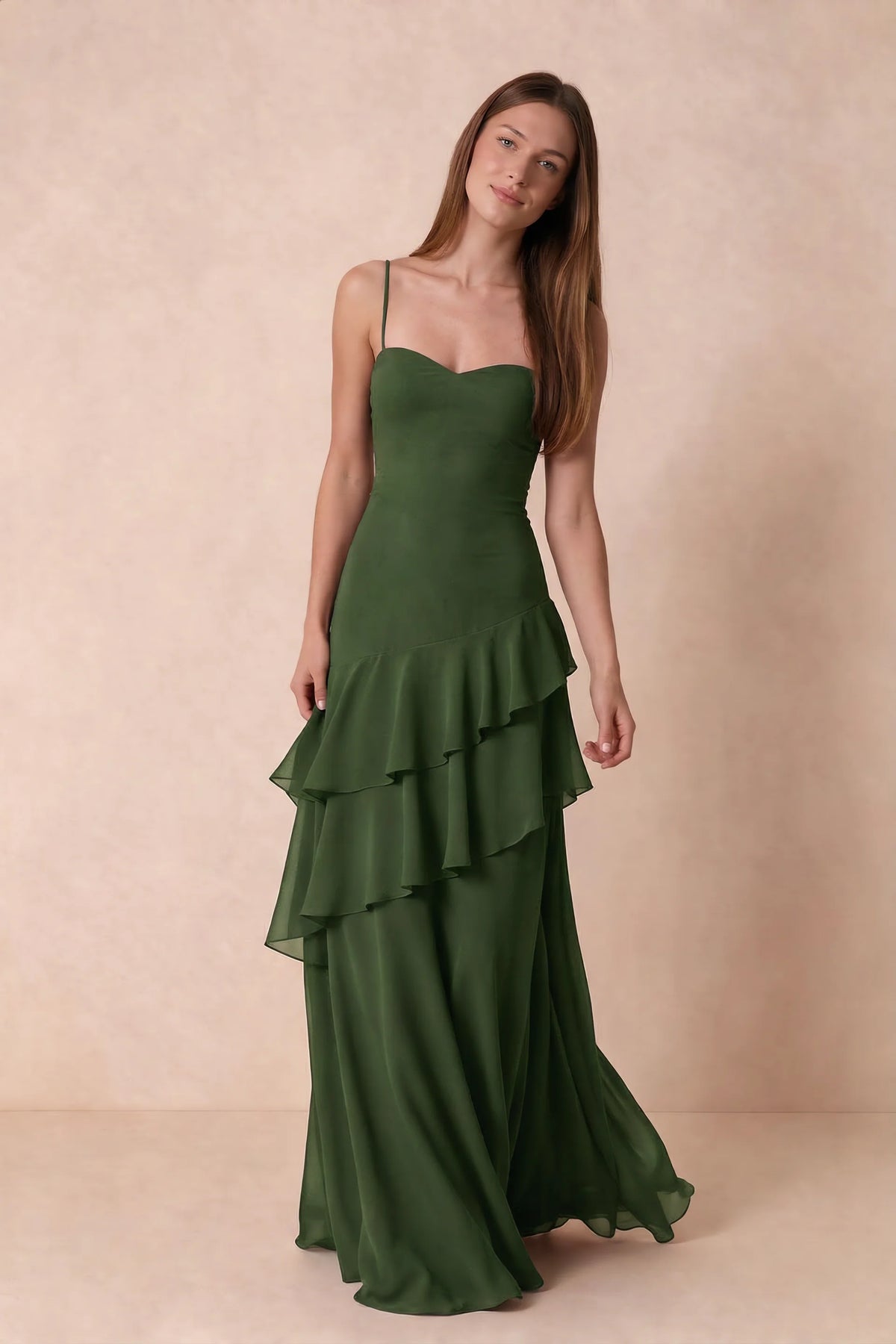 Rosalie Olive Green Chiffon Tiered Ruffle Sweetheart Maxi Dress
