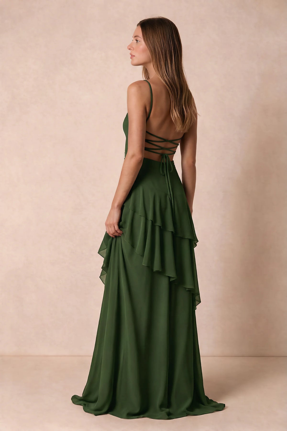 Rosalie Olive Green Chiffon Tiered Ruffle Sweetheart Maxi Dress