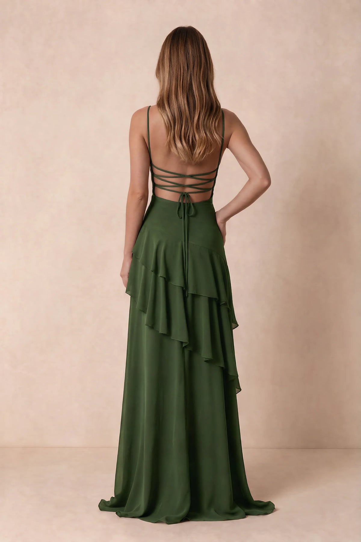 Rosalie Olive Green Chiffon Tiered Ruffle Sweetheart Maxi Dress