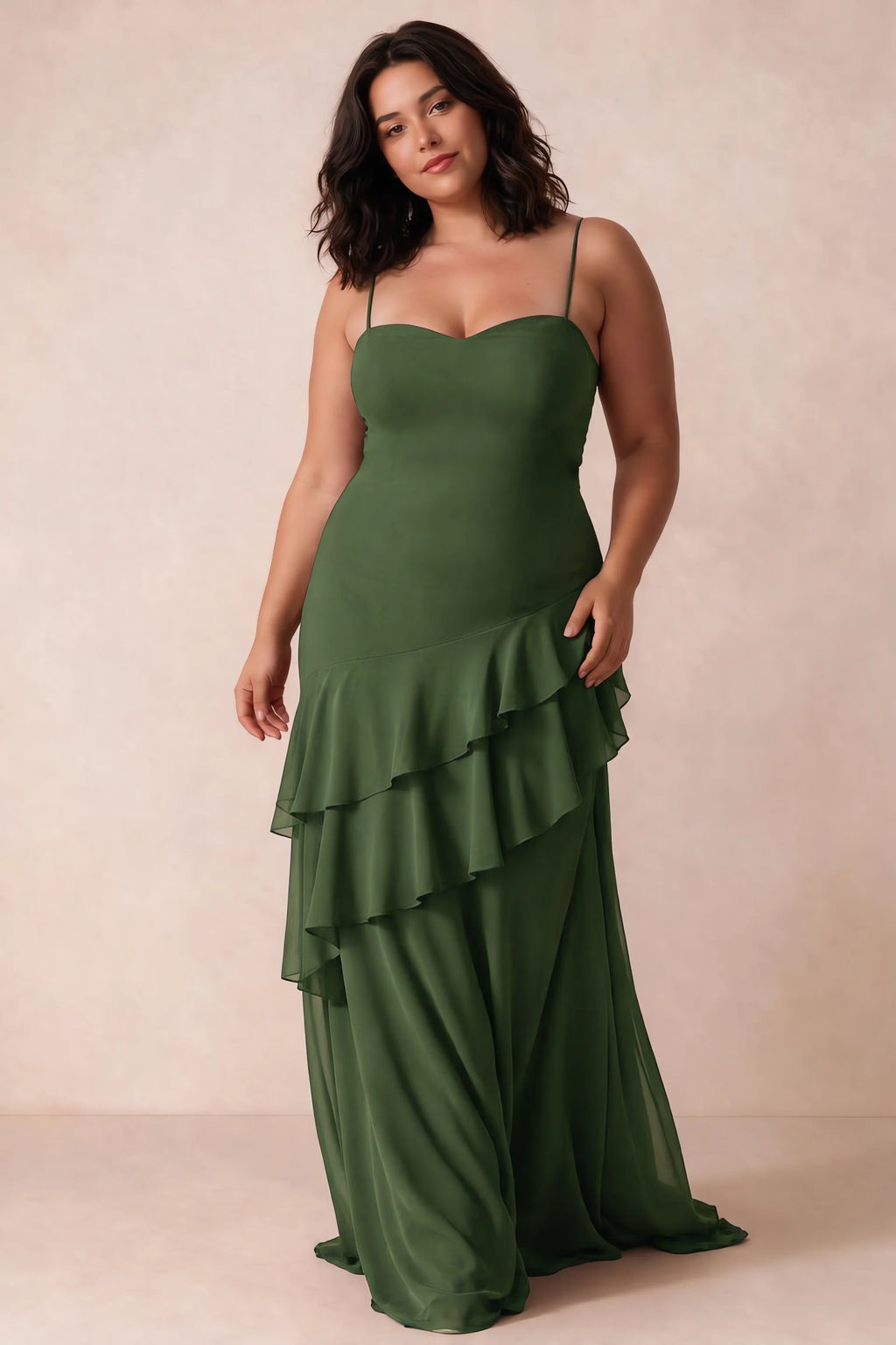 Rosalie Olive Green Chiffon Tiered Ruffle Sweetheart Maxi Dress