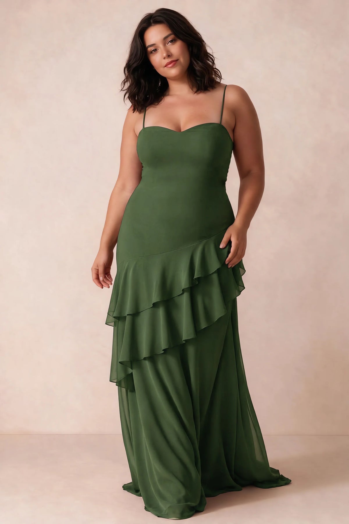 Rosalie Olive Green Chiffon Tiered Ruffle Sweetheart Maxi Dress