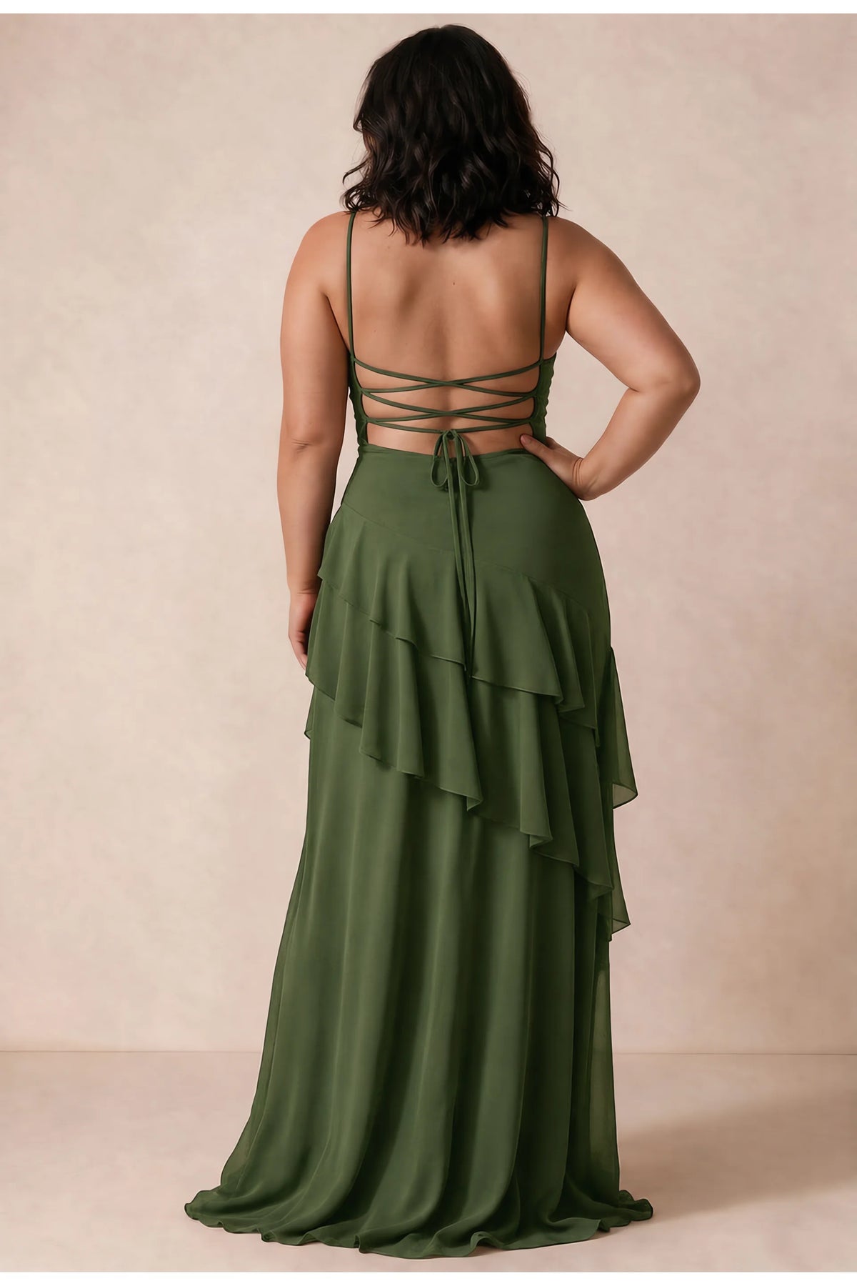 Rosalie Olive Green Chiffon Tiered Ruffle Sweetheart Maxi Dress
