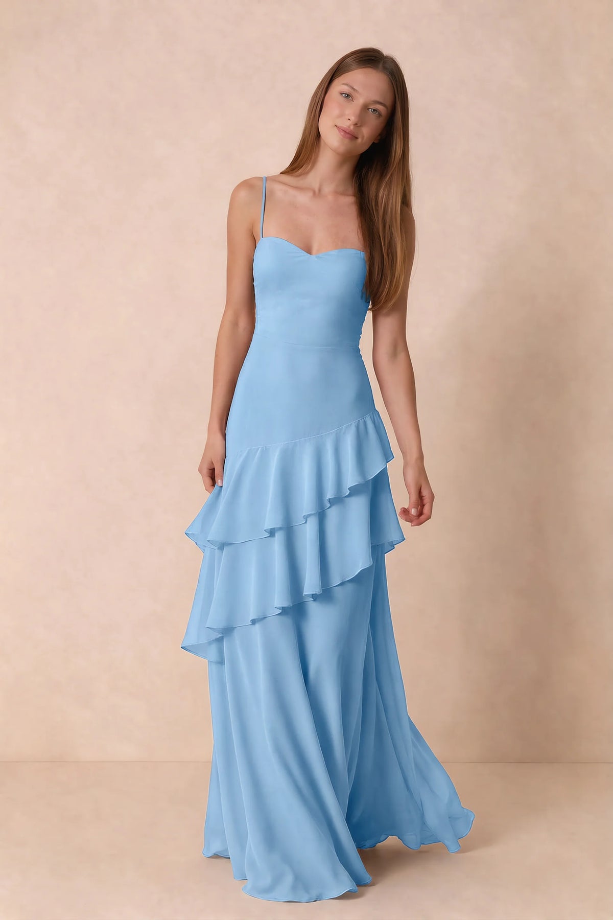 Rosalie Powder Blue Chiffon Tiered Ruffle Sweetheart Maxi Dress