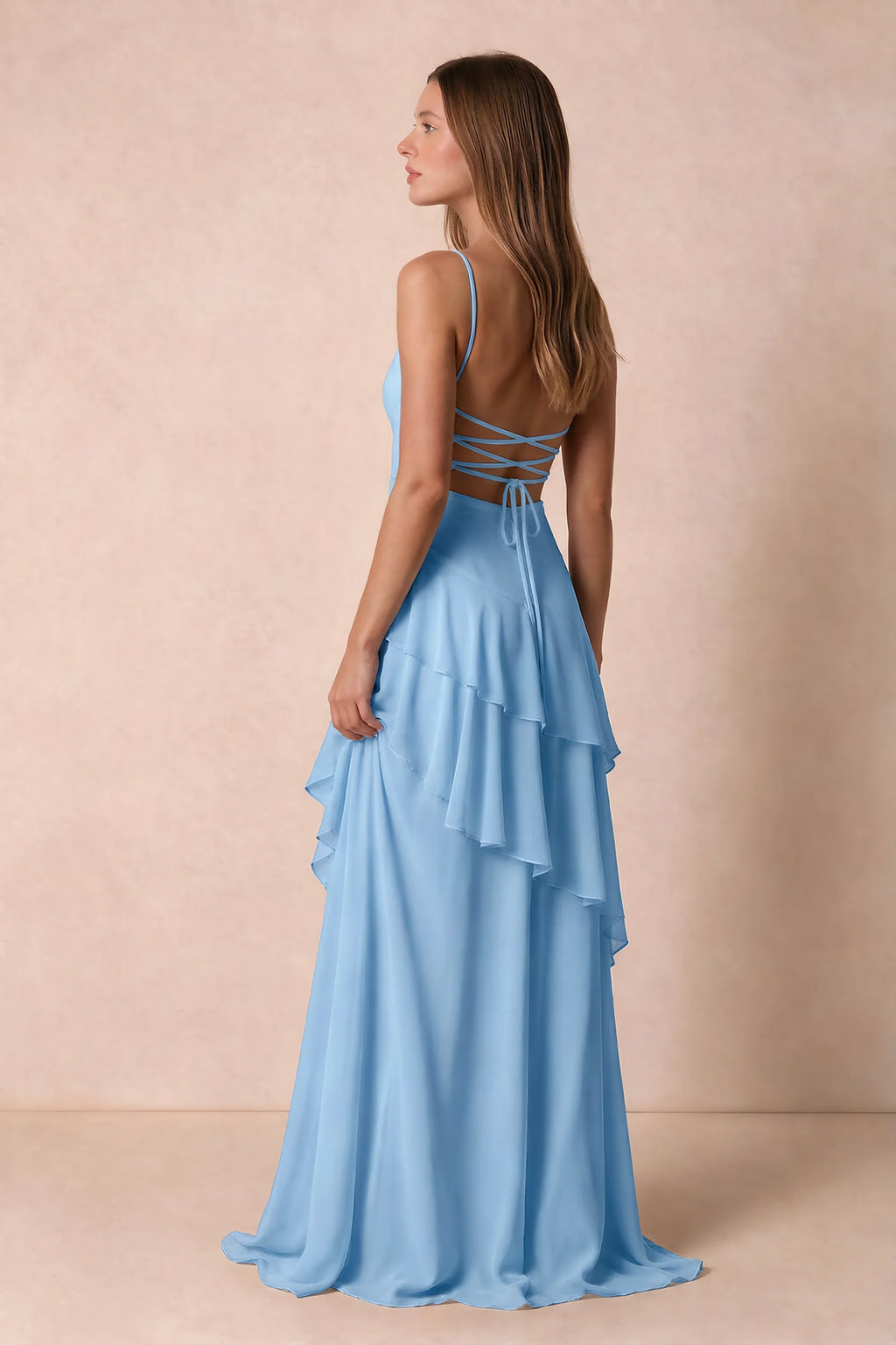 Rosalie Powder Blue Chiffon Tiered Ruffle Sweetheart Maxi Dress