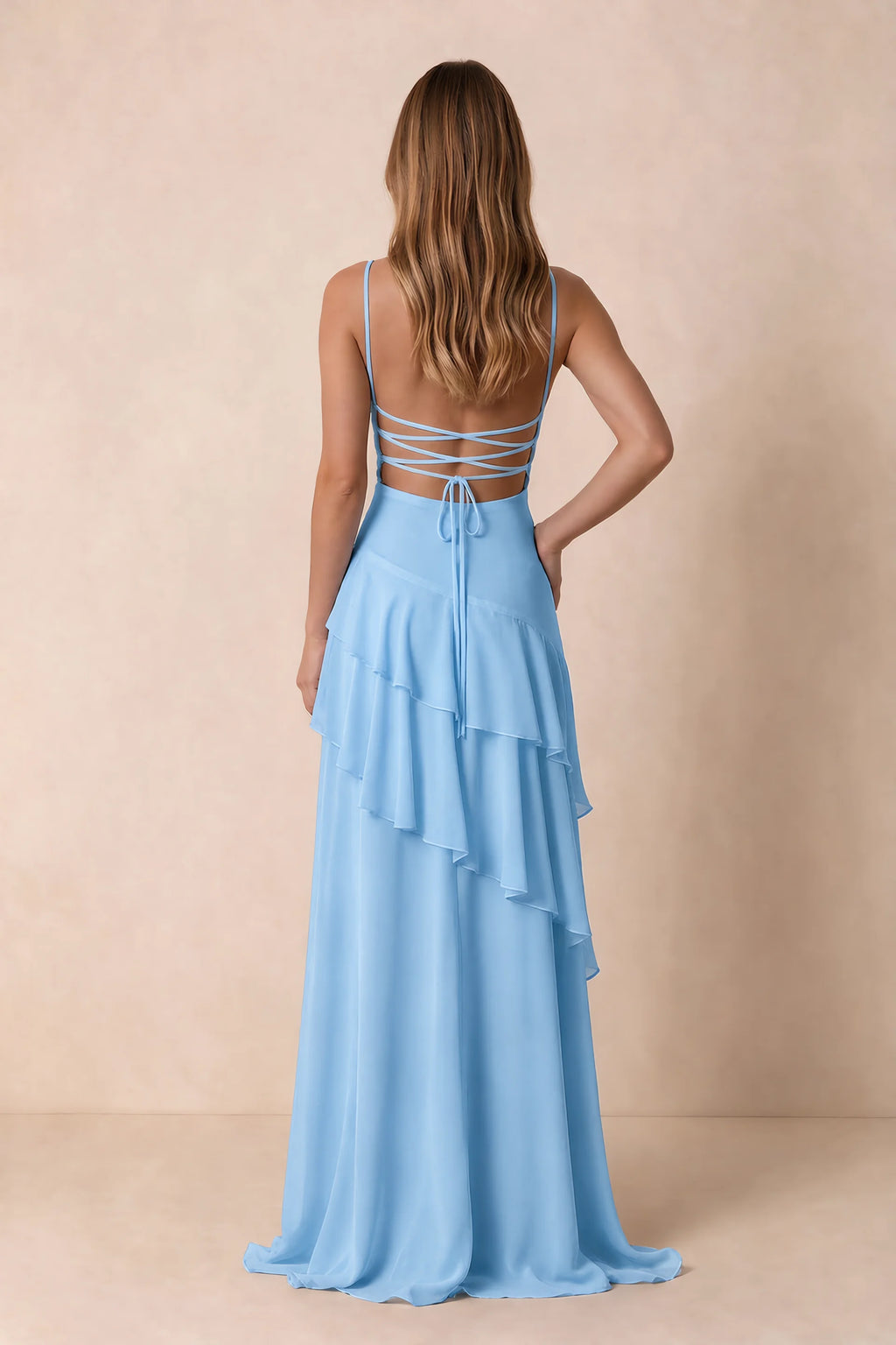 Rosalie Powder Blue Chiffon Tiered Ruffle Sweetheart Maxi Dress