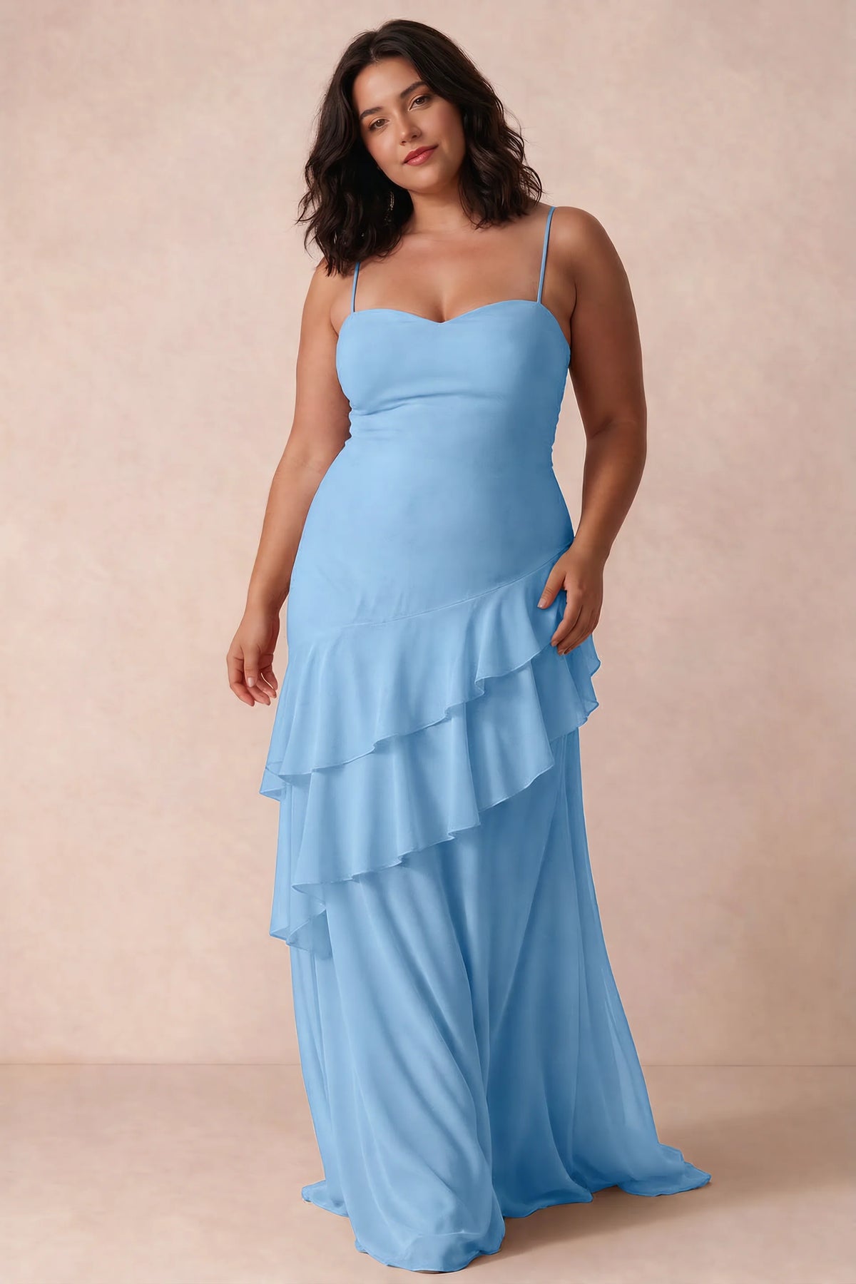 Rosalie Powder Blue Chiffon Tiered Ruffle Sweetheart Maxi Dress