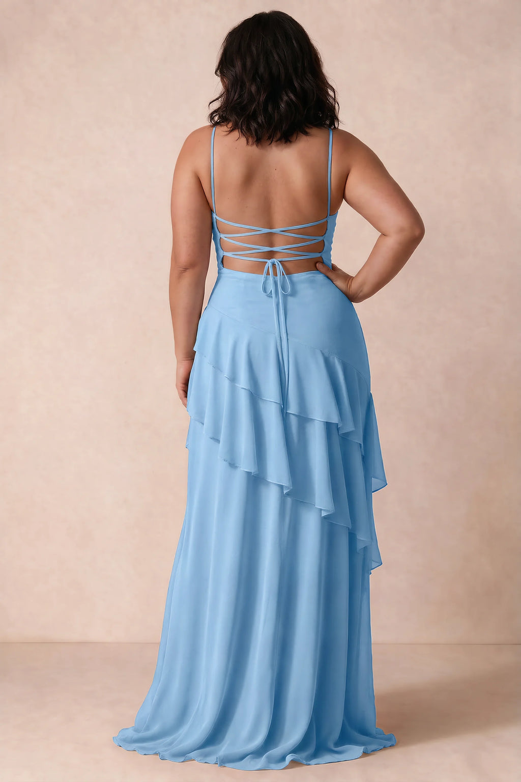 Rosalie Powder Blue Chiffon Tiered Ruffle Sweetheart Maxi Dress