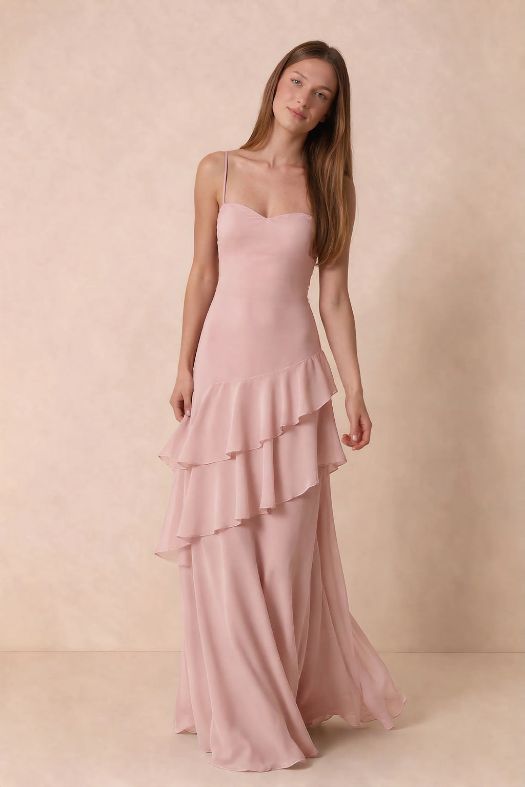 Rosalie Powder Pink Chiffon Tiered Ruffle Sweetheart Maxi Dress
