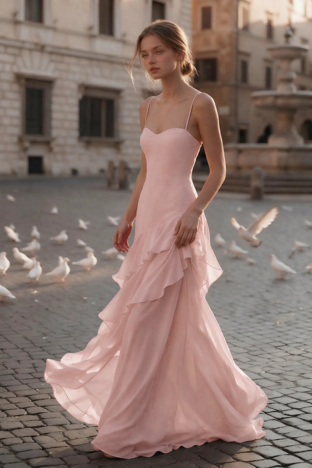 Rosalie Powder Pink Chiffon Tiered Ruffle Sweetheart Maxi Dress
