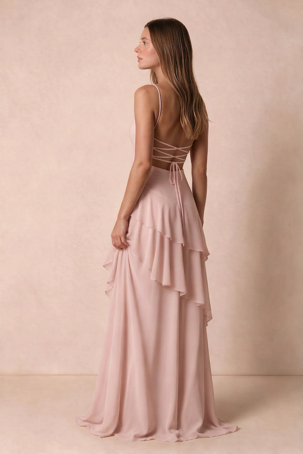 Rosalie Powder Pink Chiffon Tiered Ruffle Sweetheart Maxi Dress
