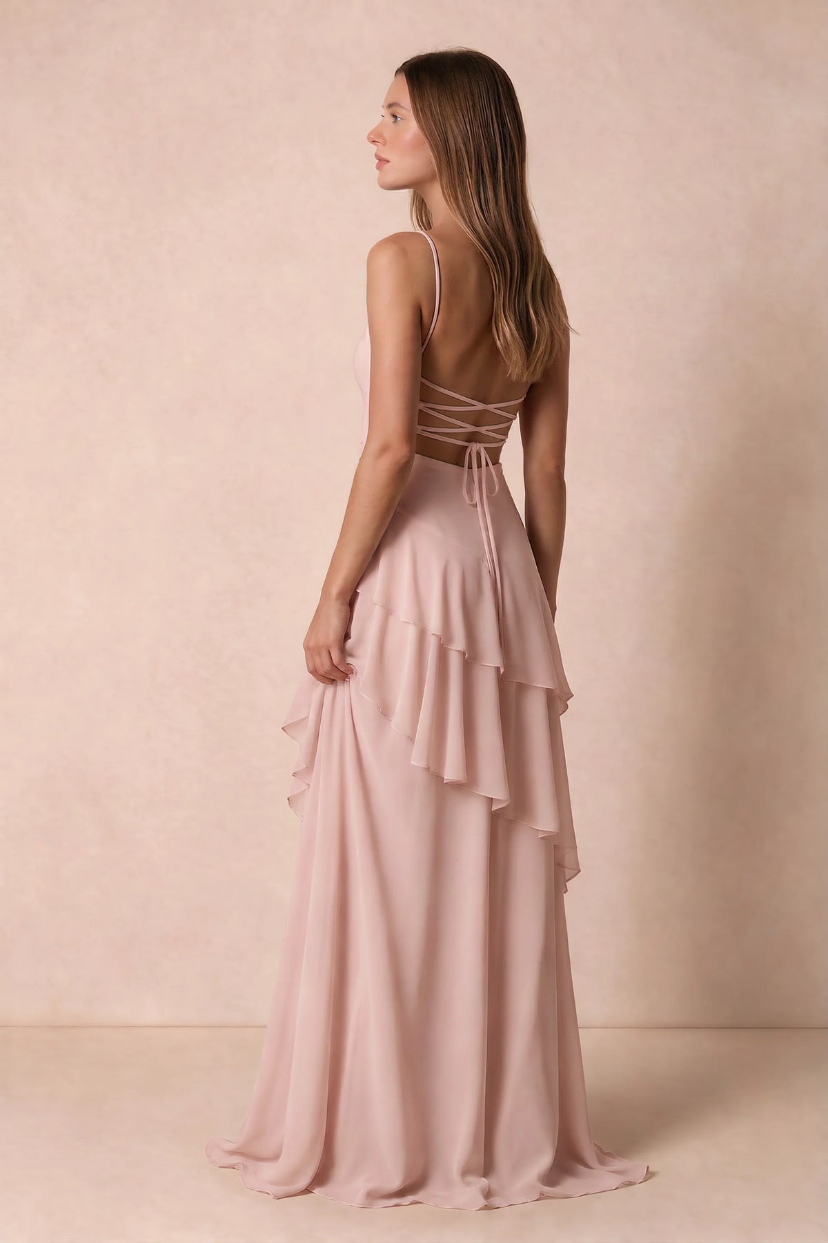 Rosalie Powder Pink Chiffon Tiered Ruffle Sweetheart Maxi Dress
