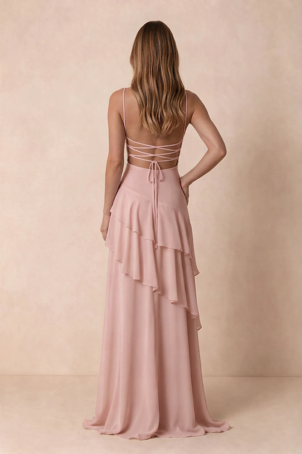 Rosalie Powder Pink Chiffon Tiered Ruffle Sweetheart Maxi Dress