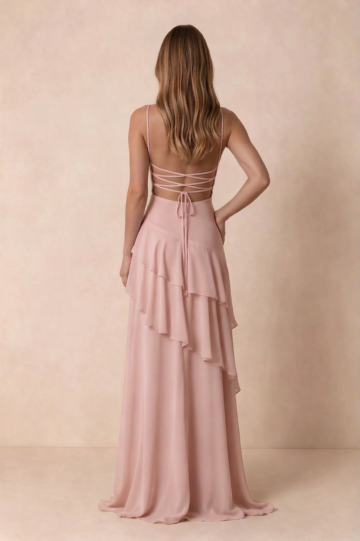 Rosalie Powder Pink Chiffon Tiered Ruffle Sweetheart Maxi Dress