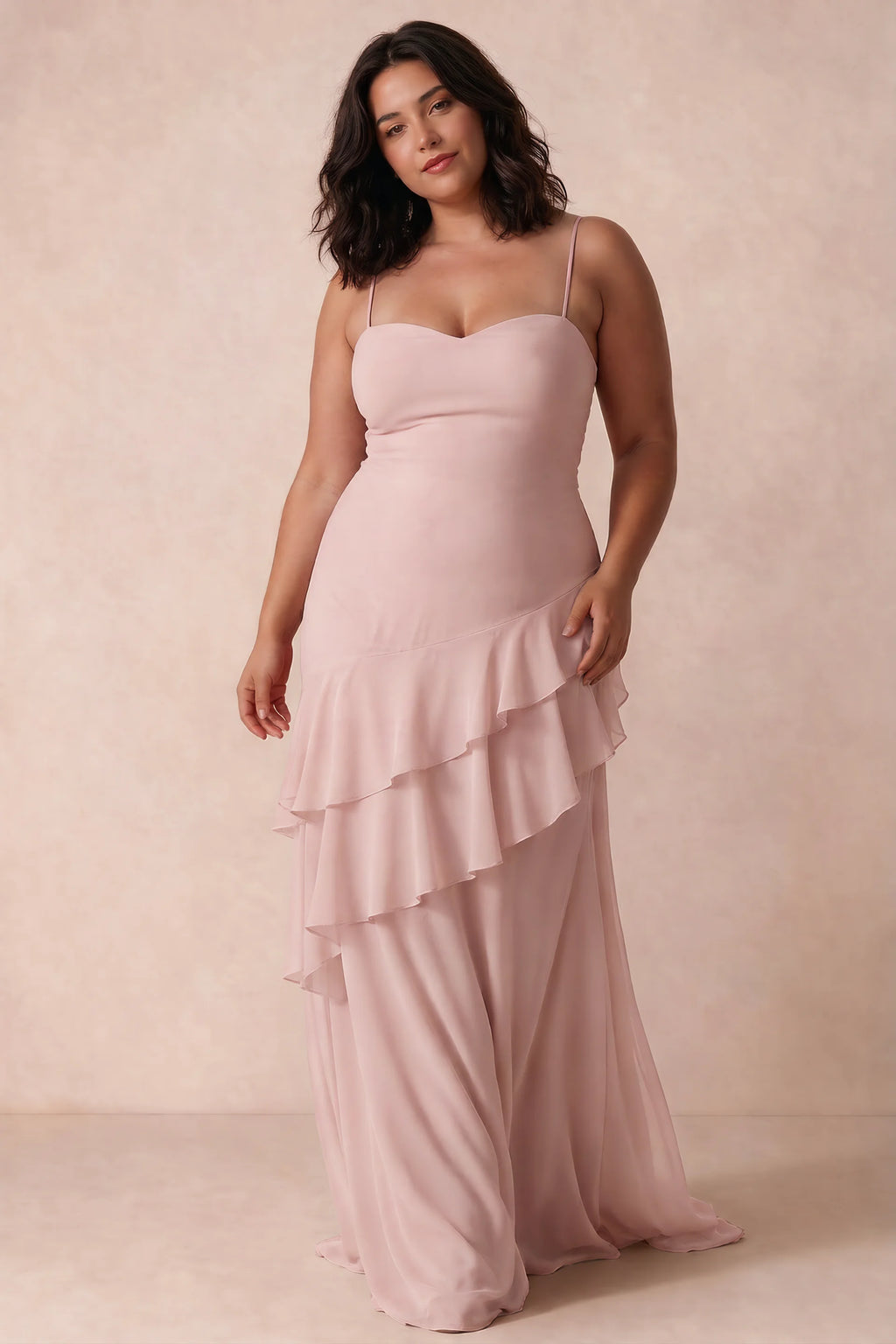 Rosalie Powder Pink Chiffon Tiered Ruffle Sweetheart Maxi Dress