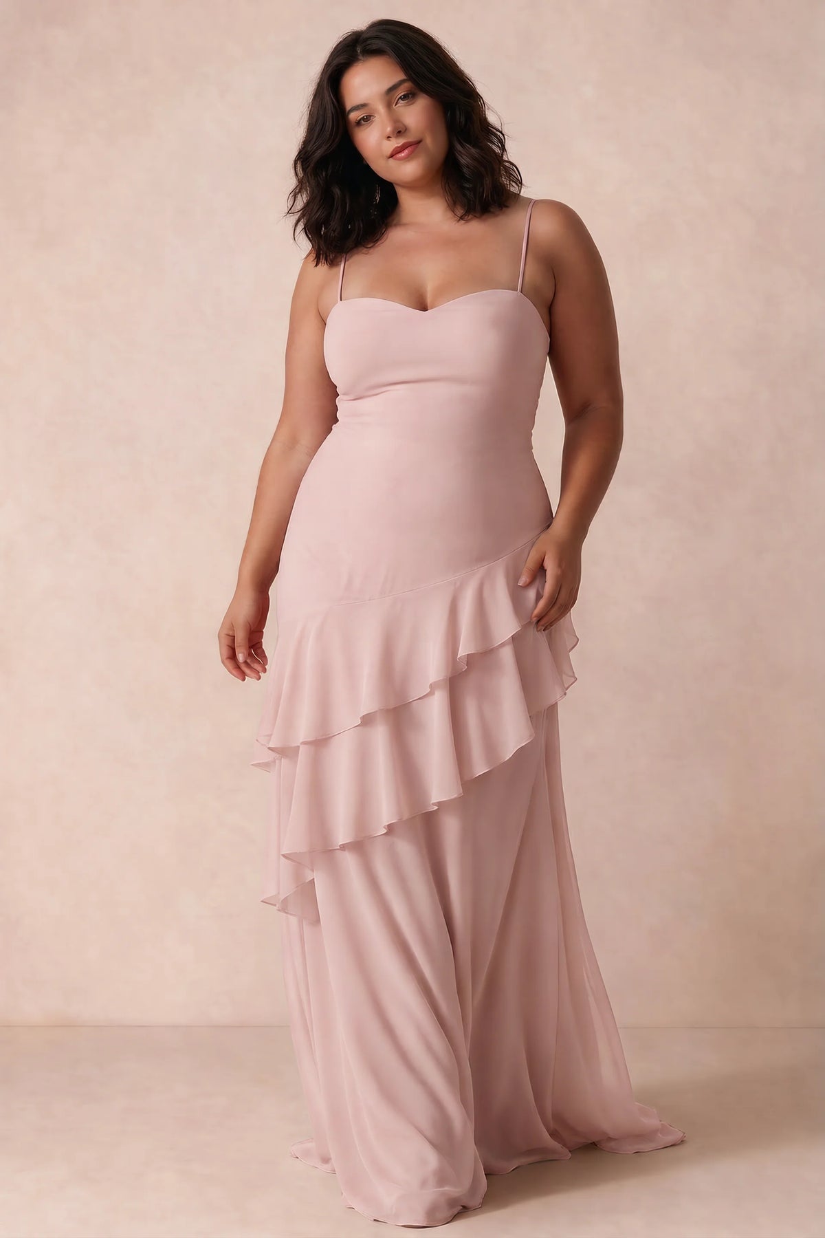 Rosalie Powder Pink Chiffon Tiered Ruffle Sweetheart Maxi Dress