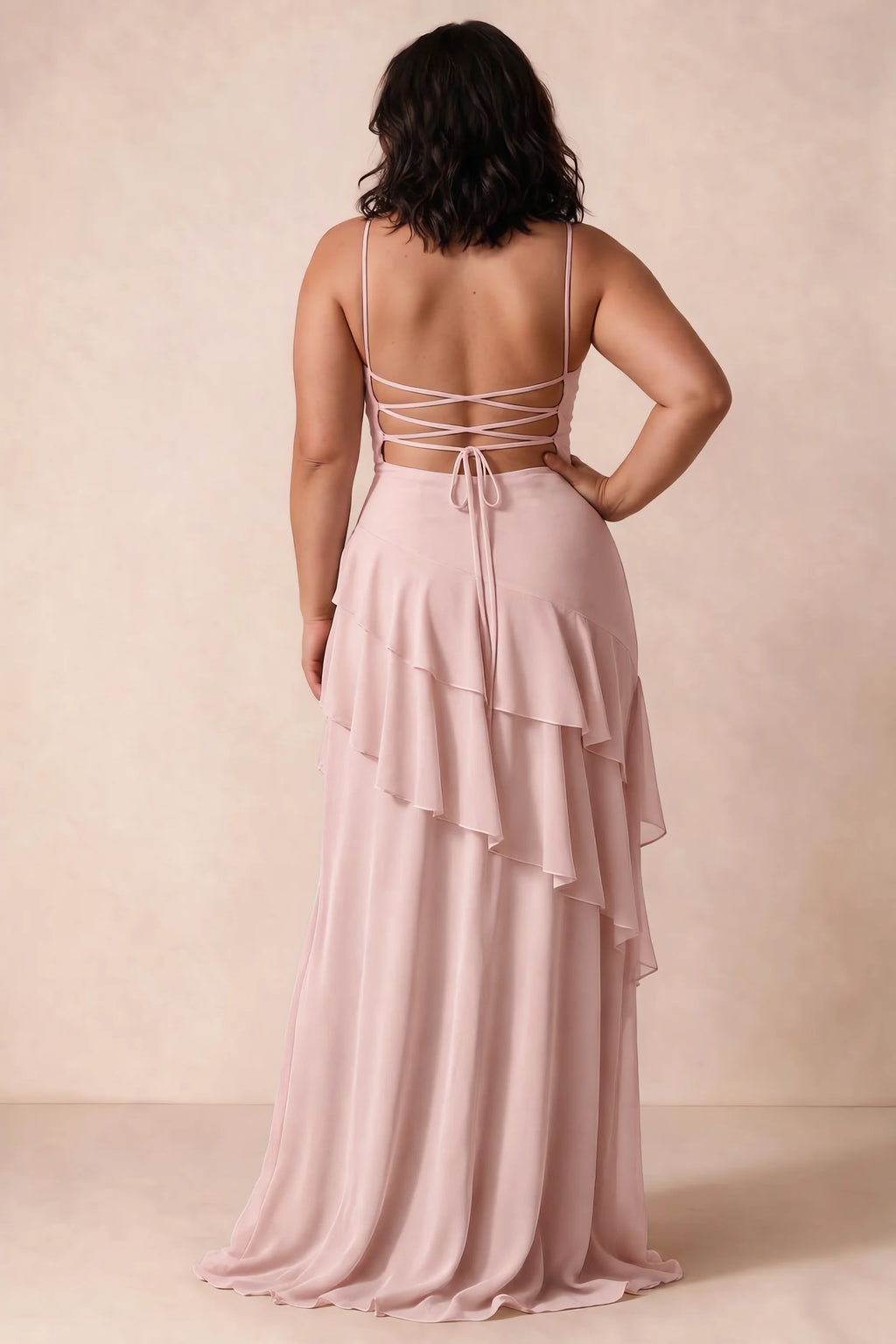 Rosalie Powder Pink Chiffon Tiered Ruffle Sweetheart Maxi Dress