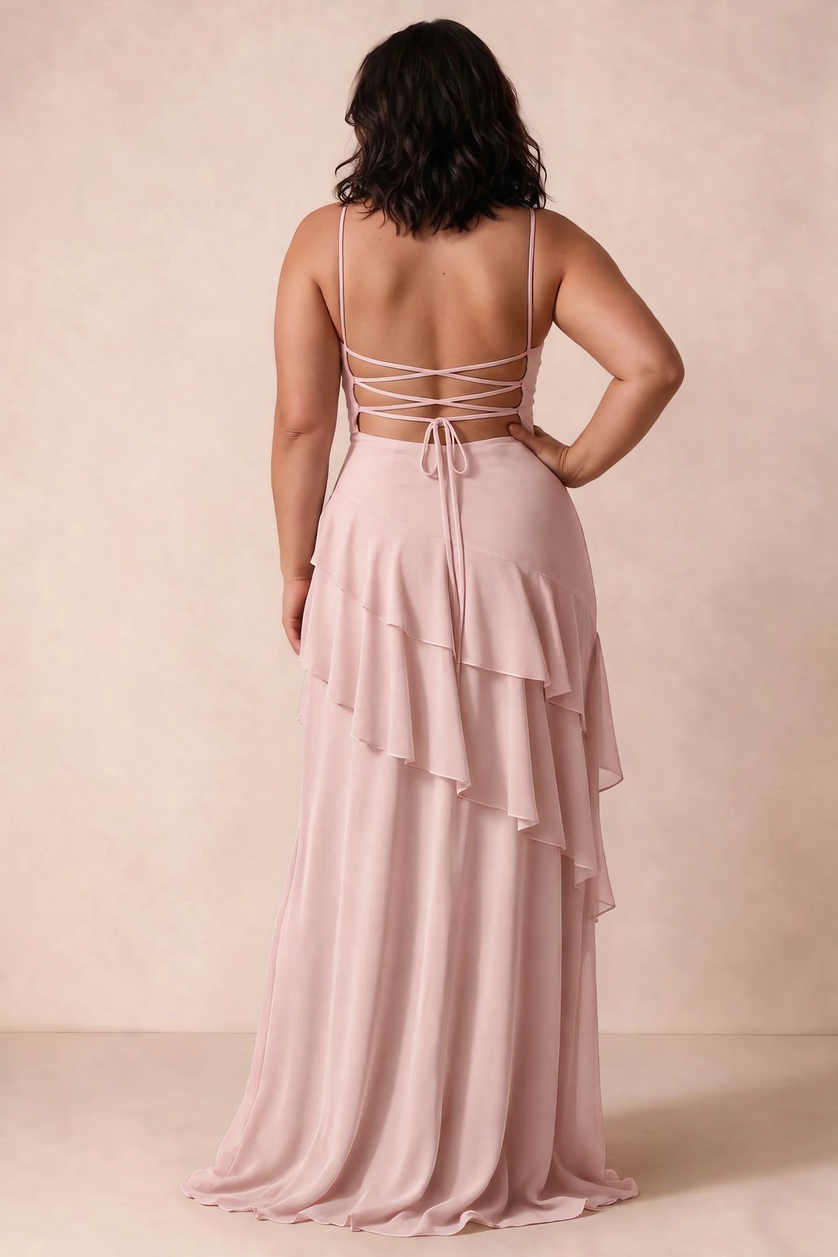 Rosalie Powder Pink Chiffon Tiered Ruffle Sweetheart Maxi Dress
