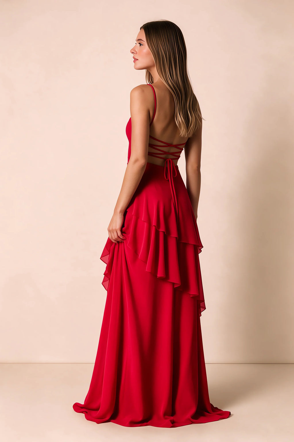 Rosalie Red Chiffon Tiered Ruffle Sweetheart Maxi Dress