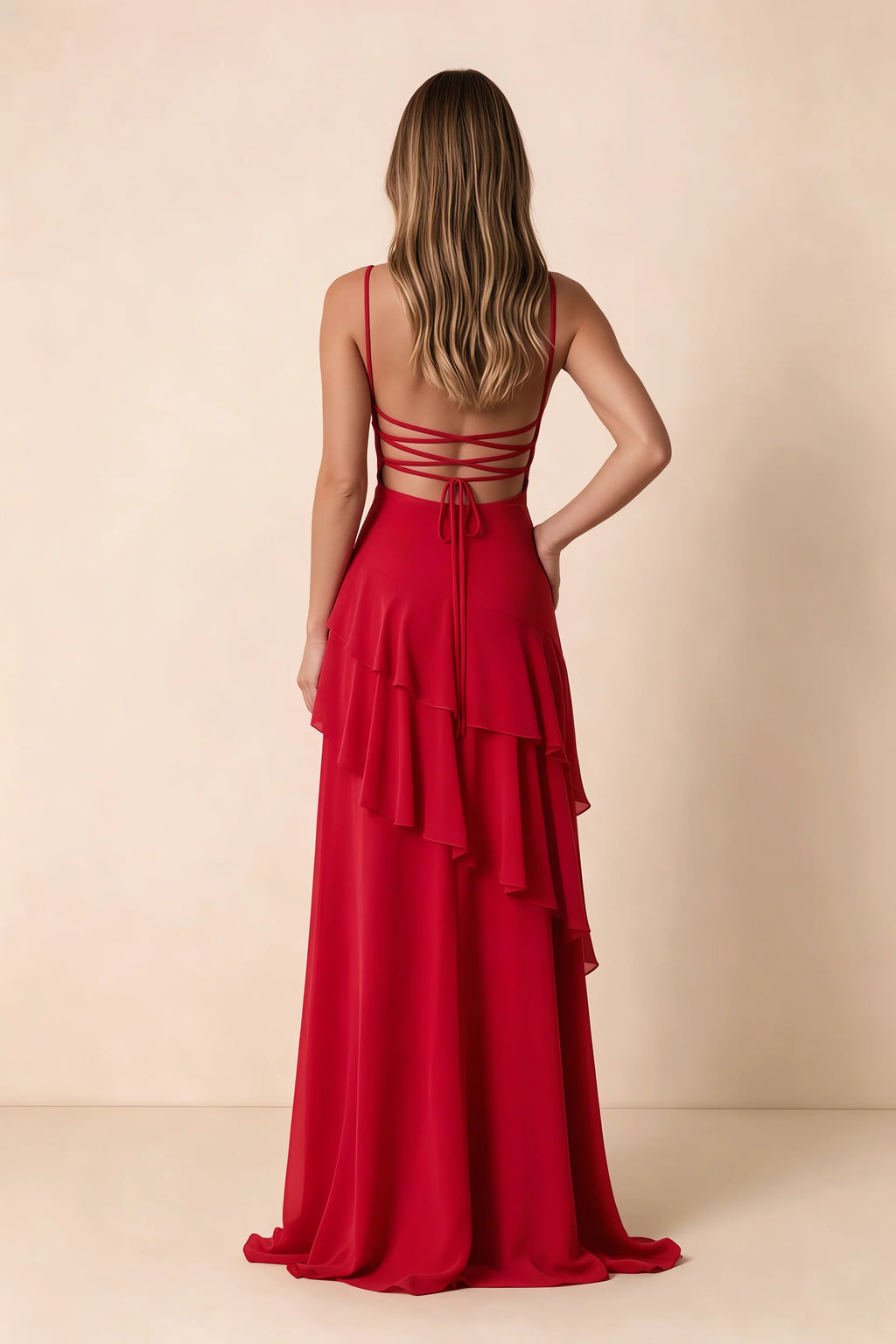 Rosalie Red Chiffon Tiered Ruffle Sweetheart Maxi Dress