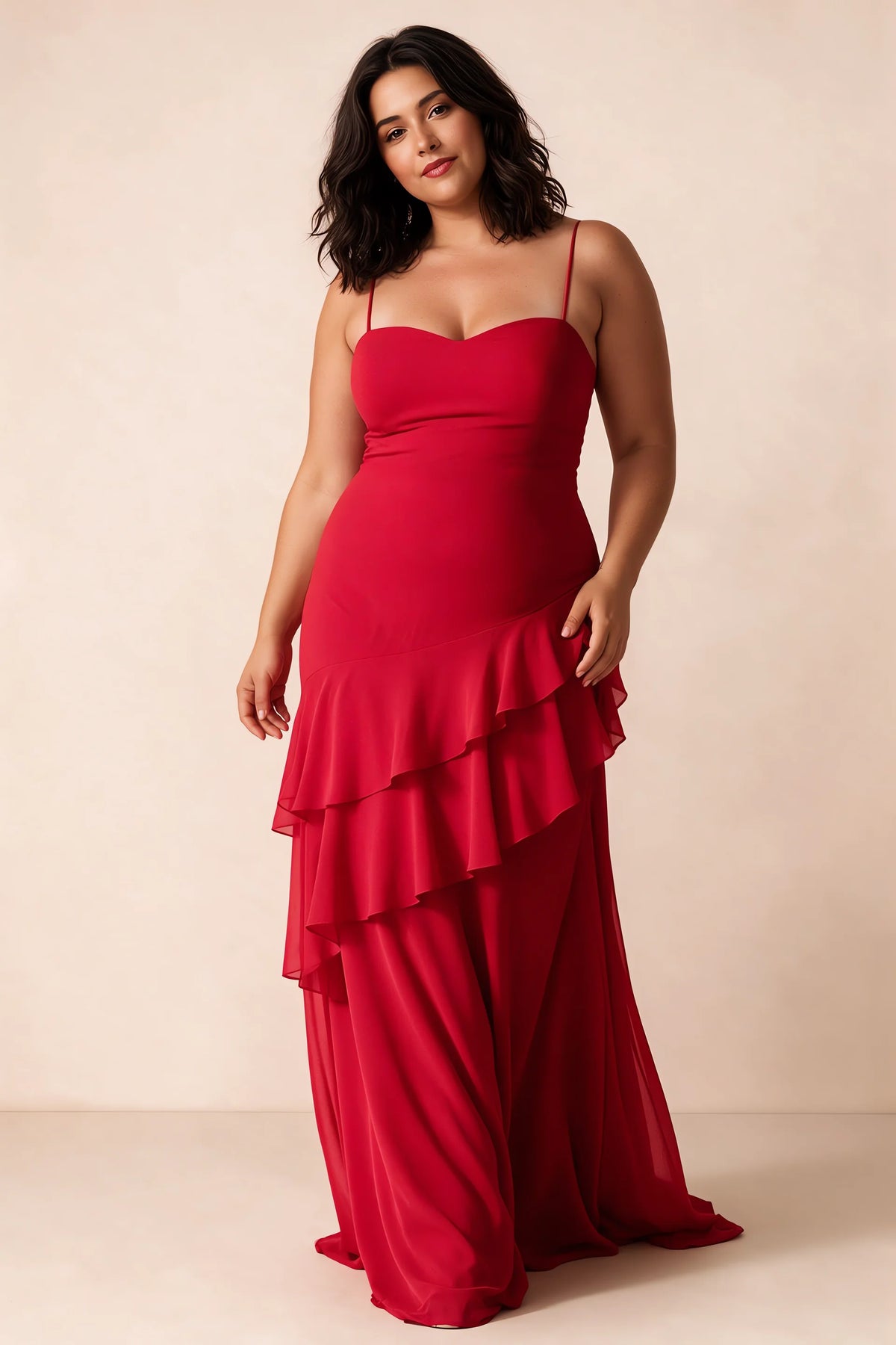 Rosalie Red Chiffon Tiered Ruffle Sweetheart Maxi Dress