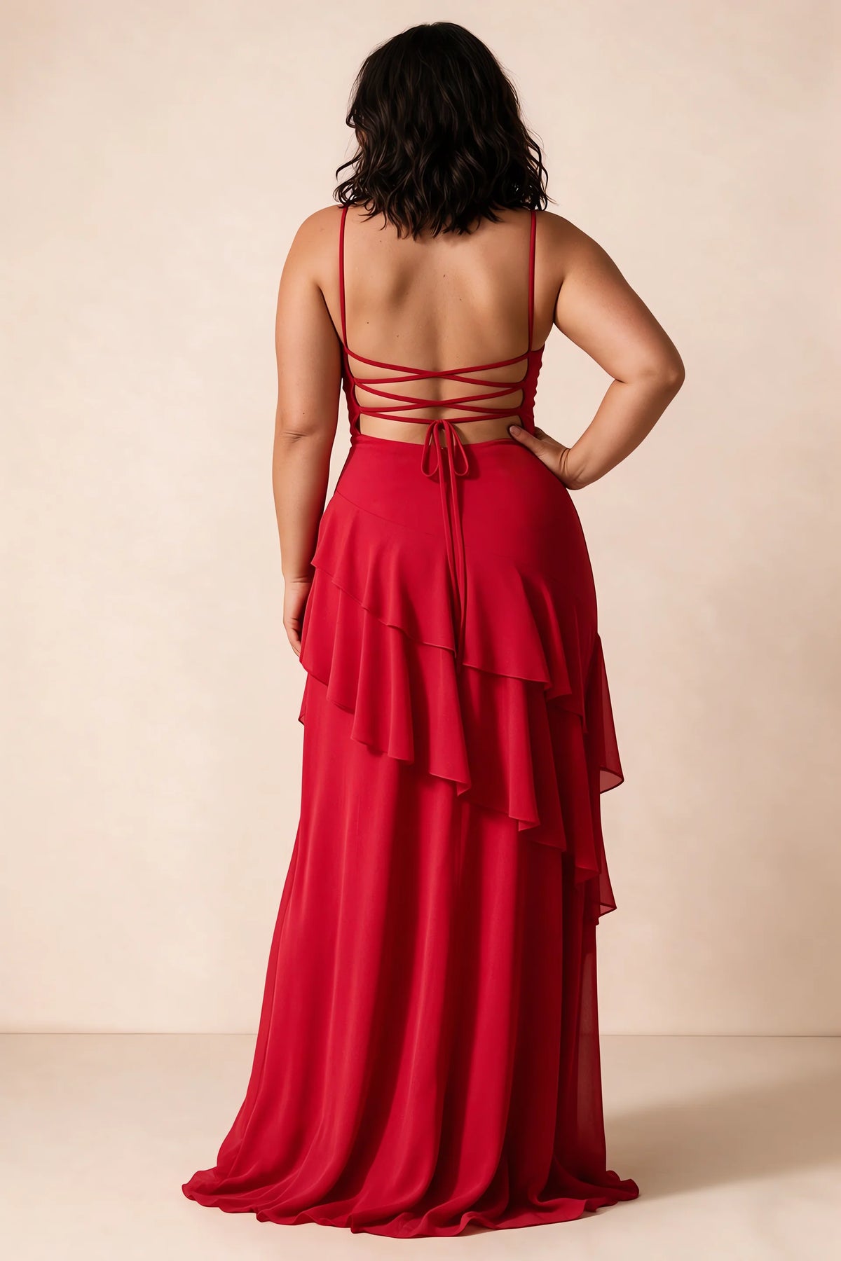 Rosalie Red Chiffon Tiered Ruffle Sweetheart Maxi Dress
