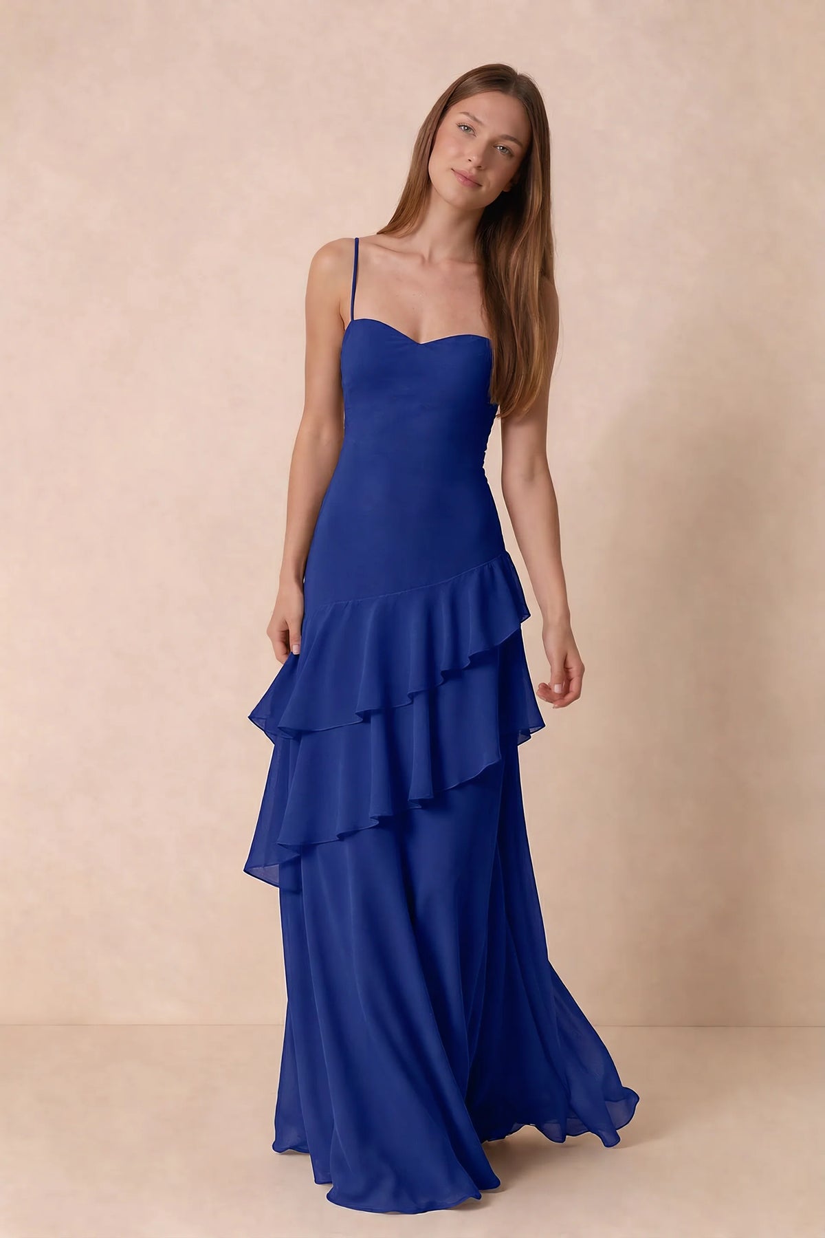 Rosalie Royal Blue Chiffon Tiered Ruffle Sweetheart Maxi Dress
