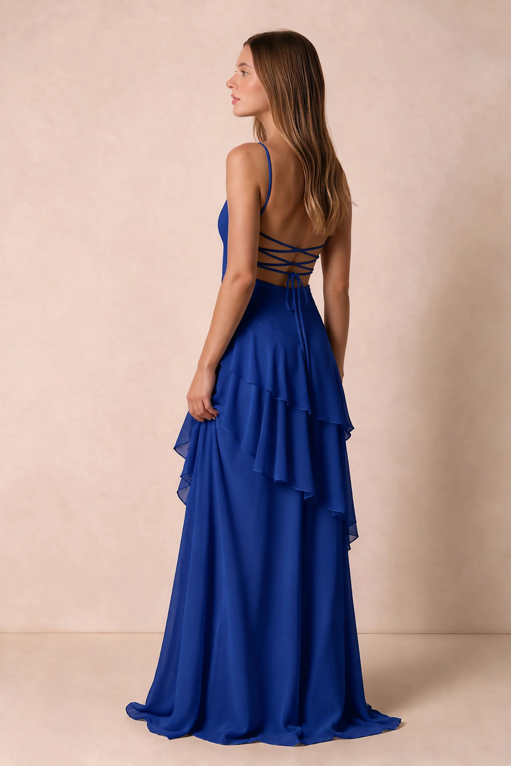 Rosalie Royal Blue Chiffon Tiered Ruffle Sweetheart Maxi Dress