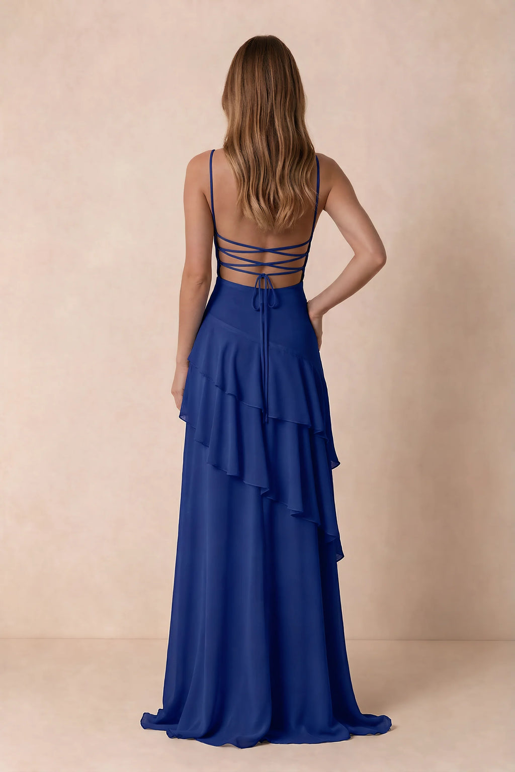 Rosalie Royal Blue Chiffon Tiered Ruffle Sweetheart Maxi Dress