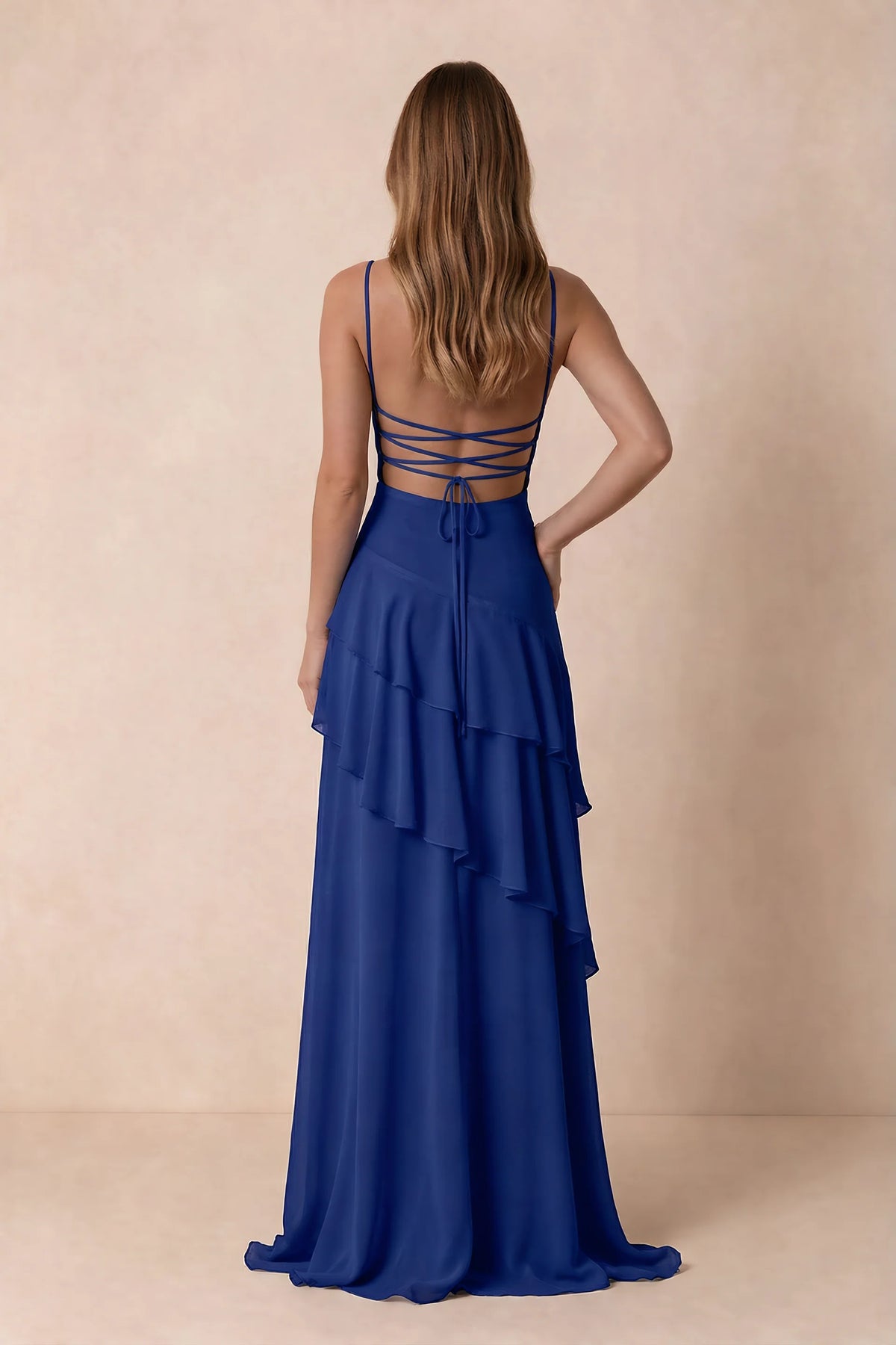 Rosalie Royal Blue Chiffon Tiered Ruffle Sweetheart Maxi Dress
