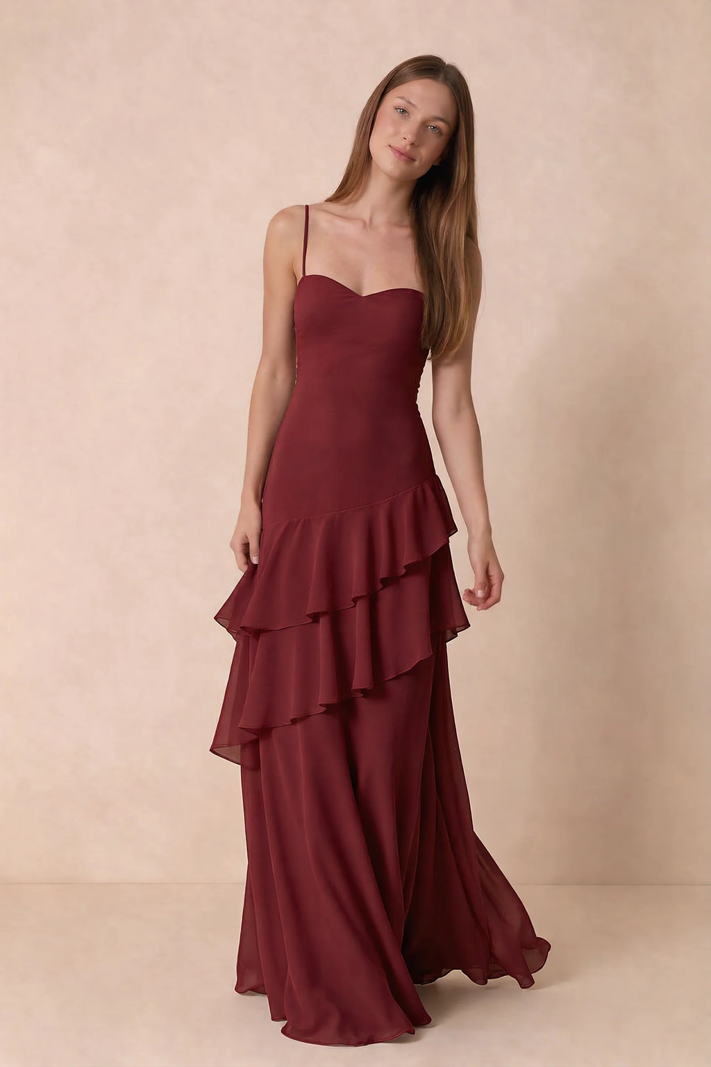 Rosalie Rust Chiffon Tiered Ruffle Sweetheart Maxi Dress