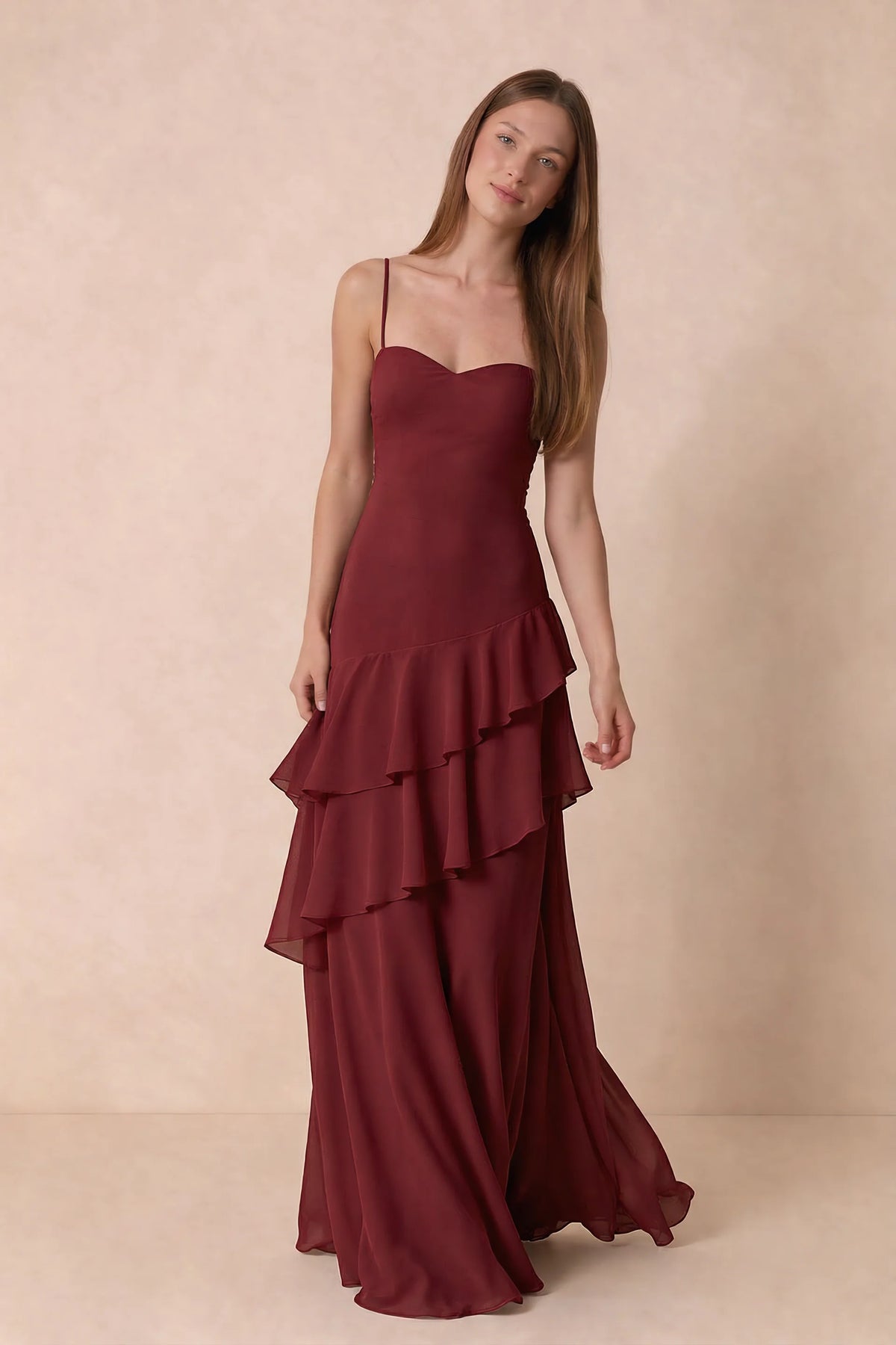 Rosalie Rust Chiffon Tiered Ruffle Sweetheart Maxi Dress