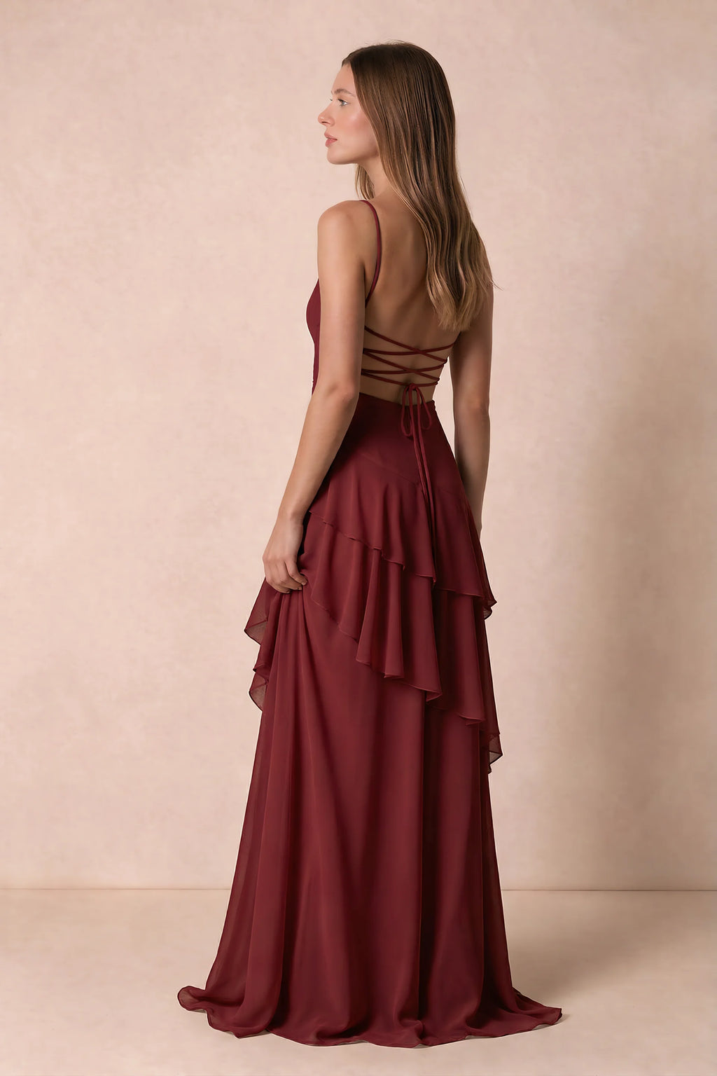 Rosalie Rust Chiffon Tiered Ruffle Sweetheart Maxi Dress