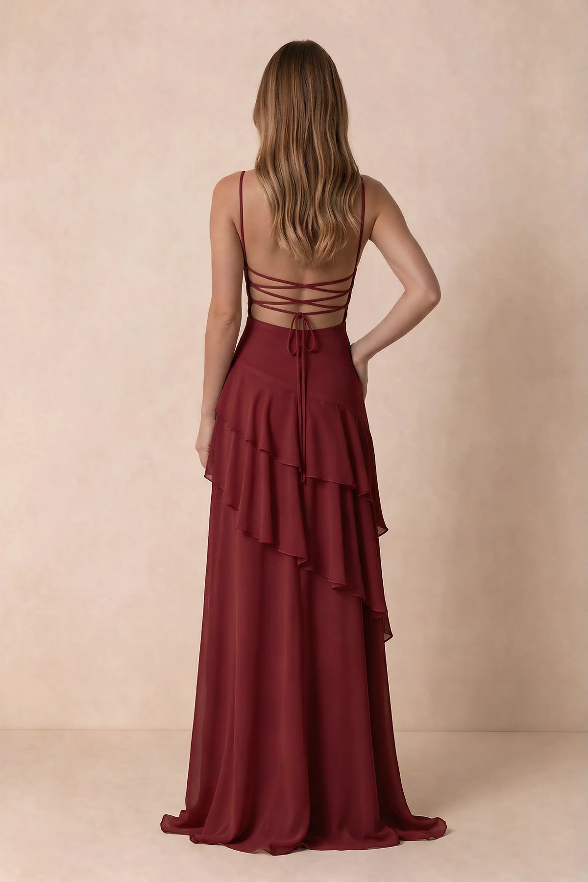 Rosalie Rust Chiffon Tiered Ruffle Sweetheart Maxi Dress