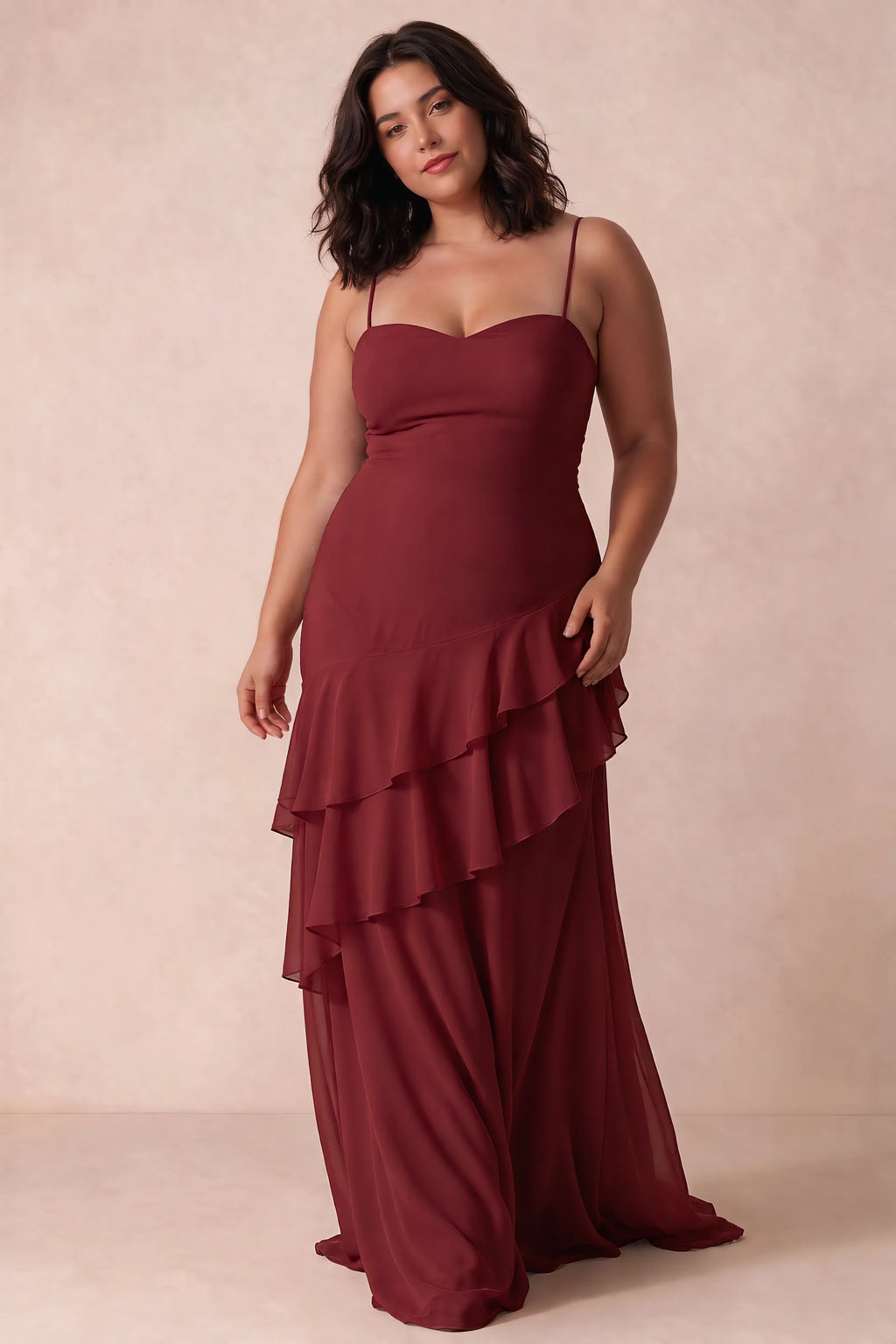 Rosalie Rust Chiffon Tiered Ruffle Sweetheart Maxi Dress