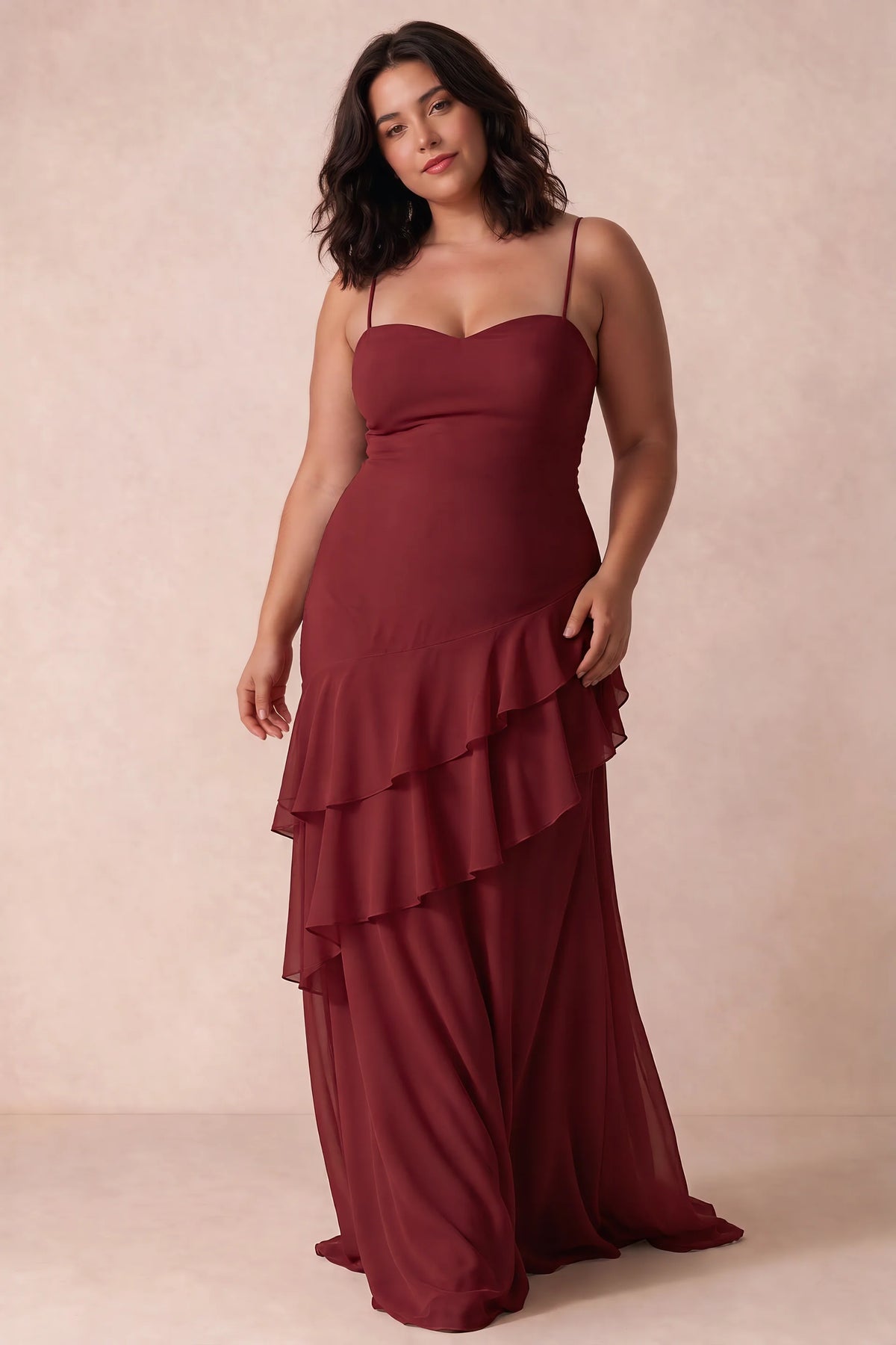 Rosalie Rust Chiffon Tiered Ruffle Sweetheart Maxi Dress