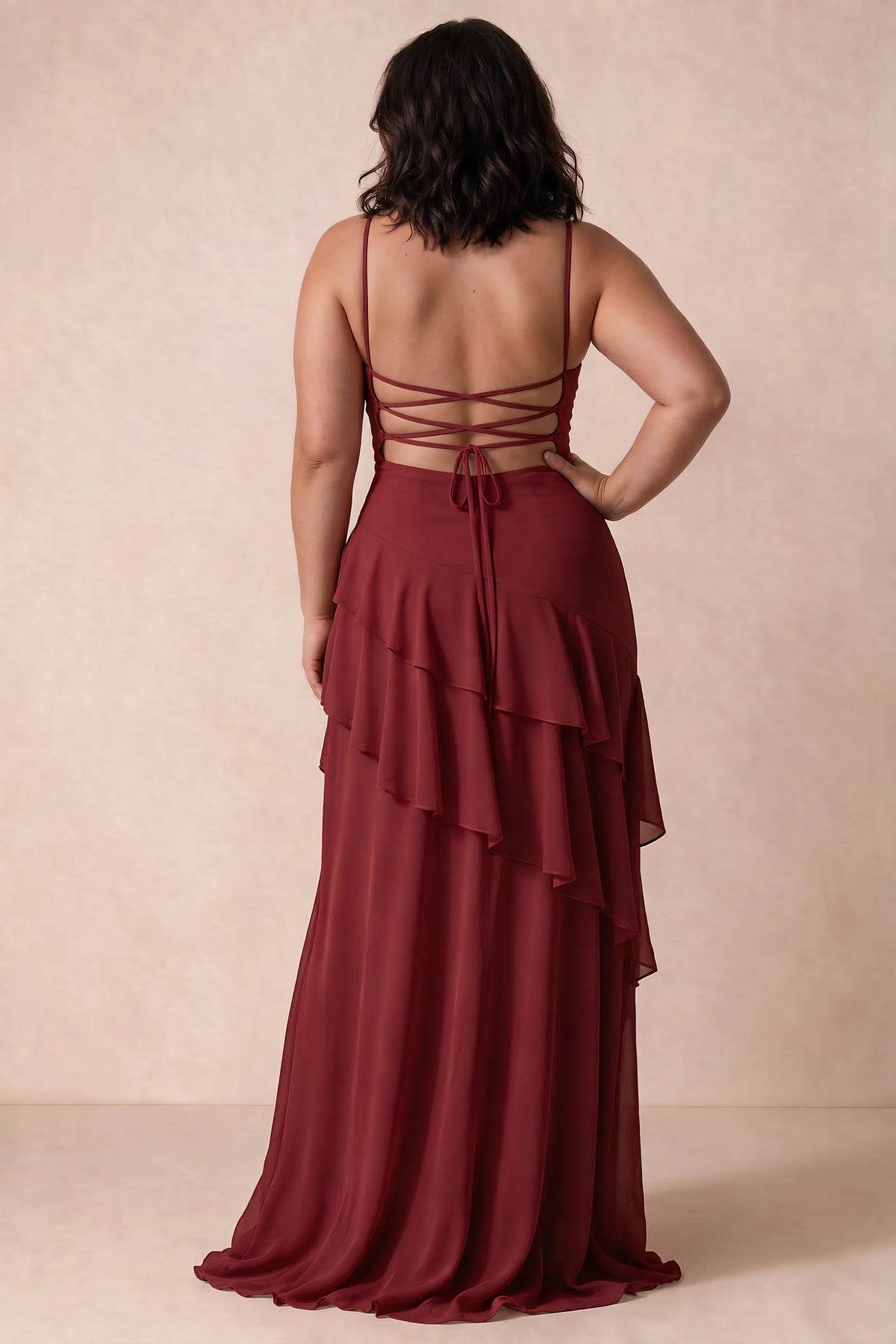 Rosalie Rust Chiffon Tiered Ruffle Sweetheart Maxi Dress